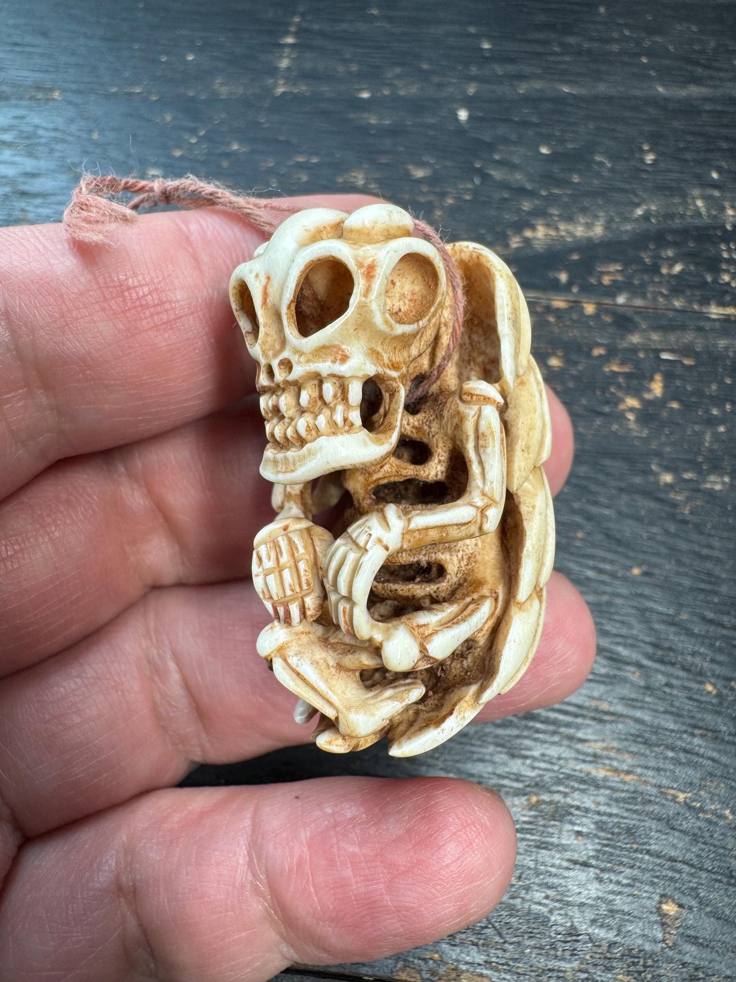Hand Carved Deer Antler Citipati Pendant – Tibetan Skeleton Protector Amulet, Himalayan Charnel Ground Skull Carving