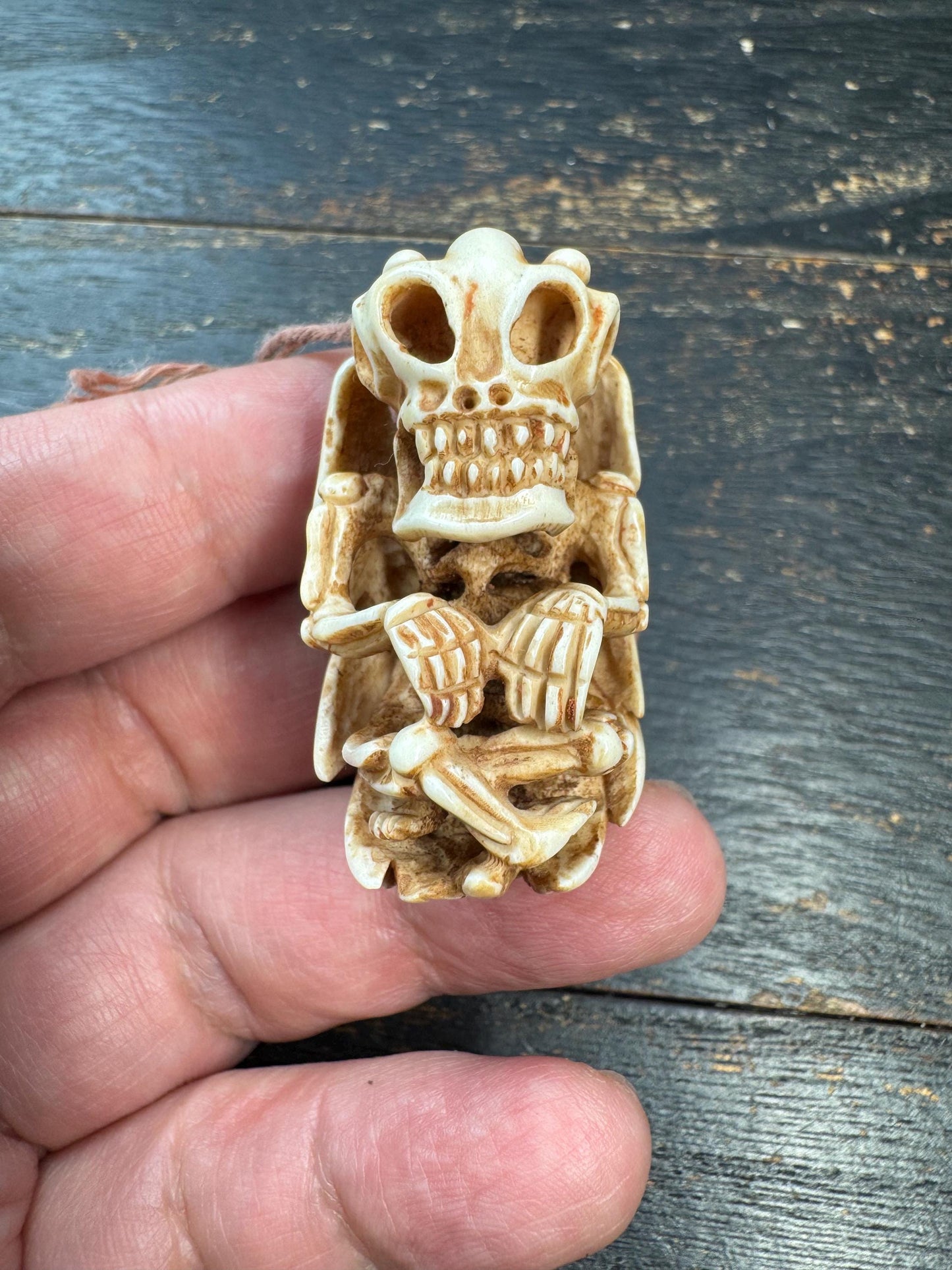 Hand Carved Deer Antler Citipati Pendant – Tibetan Skeleton Protector Amulet, Himalayan Charnel Ground Skull Carving
