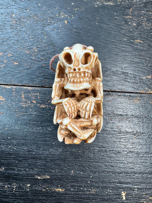 Hand Carved Deer Antler Citipati Pendant – Tibetan Skeleton Protector Amulet, Himalayan Charnel Ground Skull Carving
