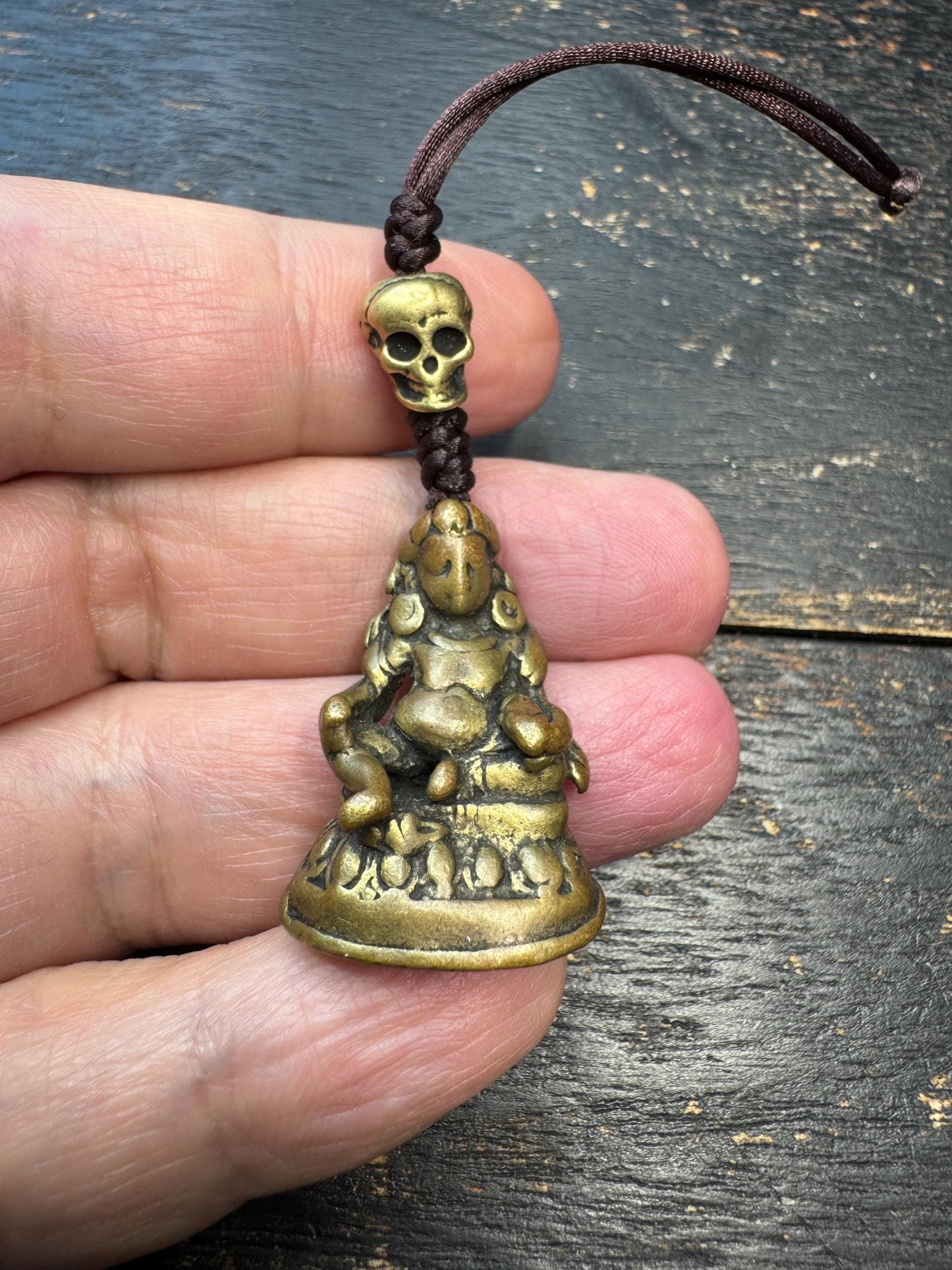 Yellow Jambhala Pendant – Tibetan Style Wealth Deity Amulet – Brass Prosperity Talisman with Skull Bead – Spiritual Necklace