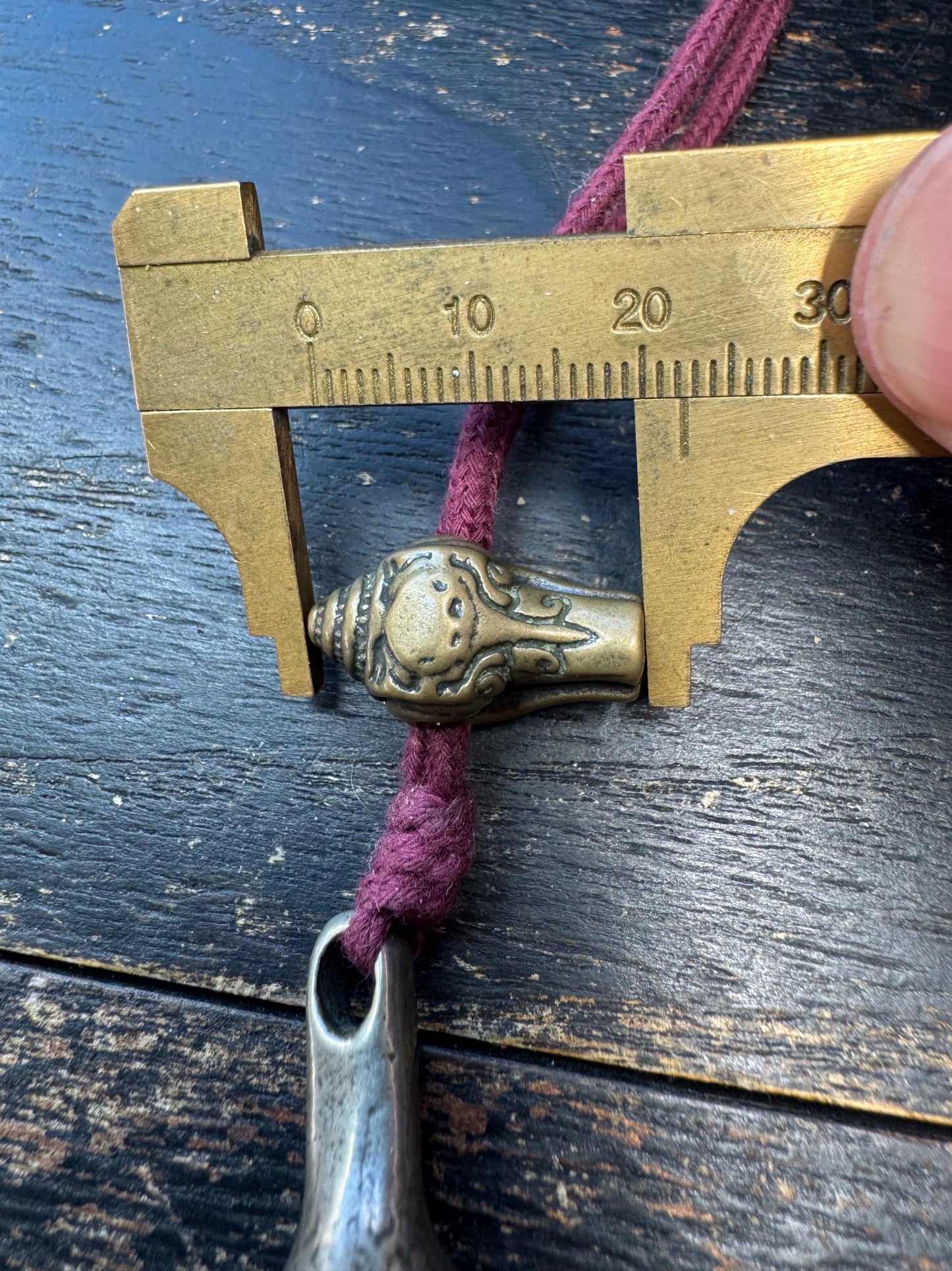 Tibetan Brass Guru Bead Set – Conch Style Three Hole Bead with Tsa-Tsa Amulet Pendant – Mala Making Component – Vintage Inspired