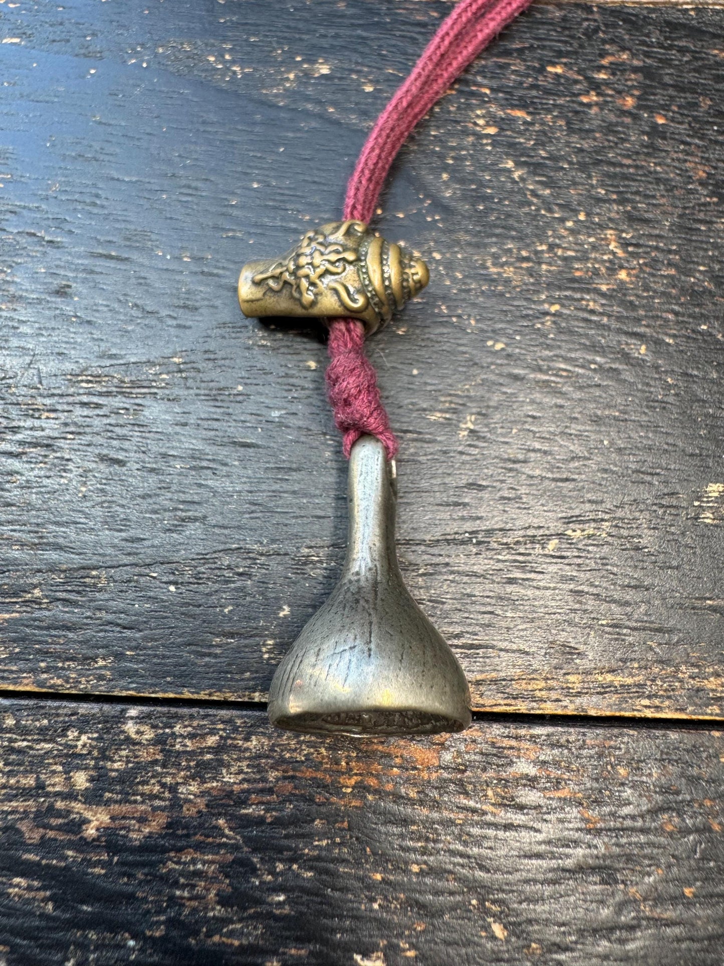 Tibetan Brass Guru Bead Set – Conch Style Three Hole Bead with Tsa-Tsa Amulet Pendant – Mala Making Component – Vintage Inspired