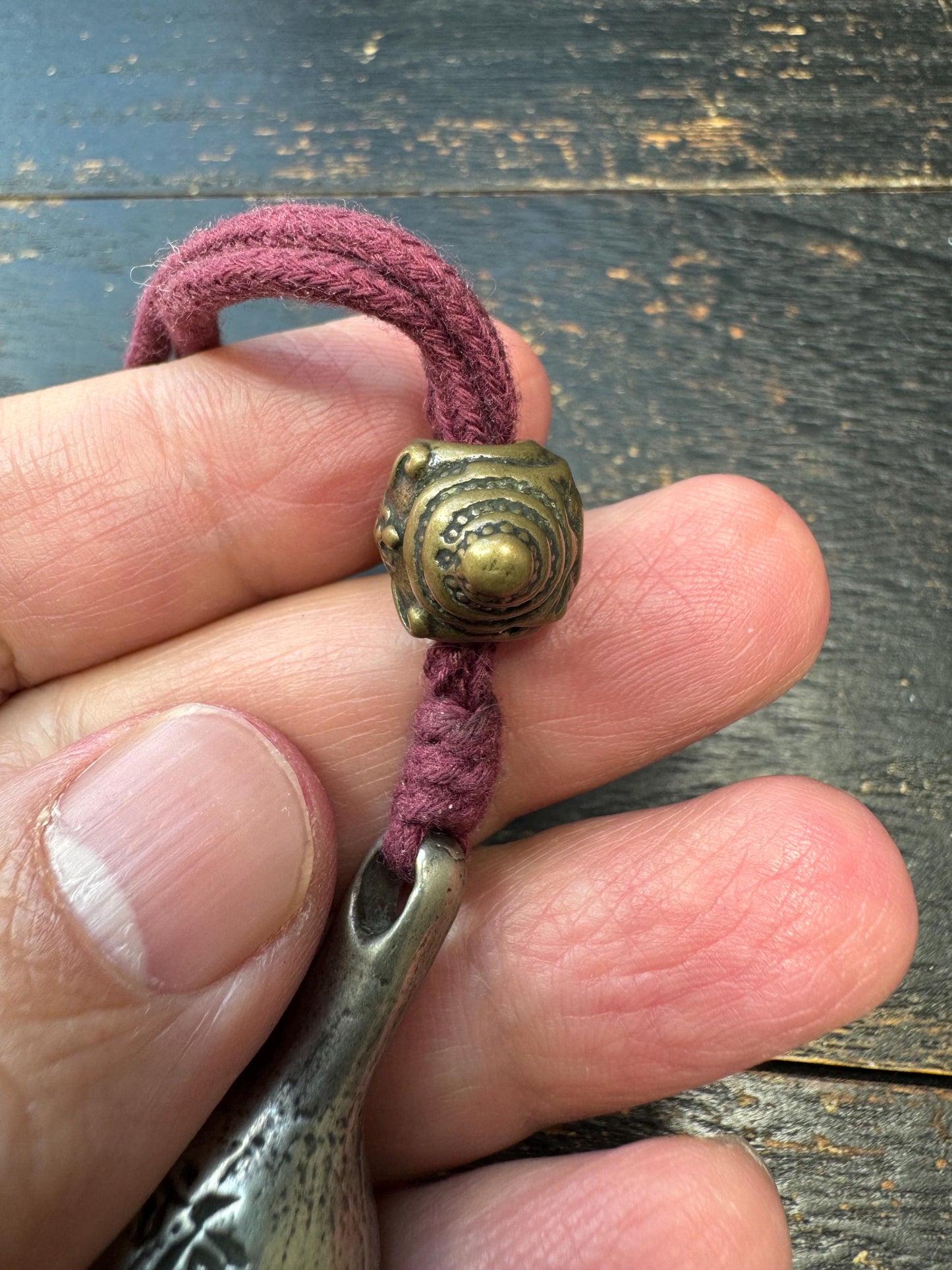 Tibetan Brass Guru Bead Set – Conch Style Three Hole Bead with Tsa-Tsa Amulet Pendant – Mala Making Component – Vintage Inspired
