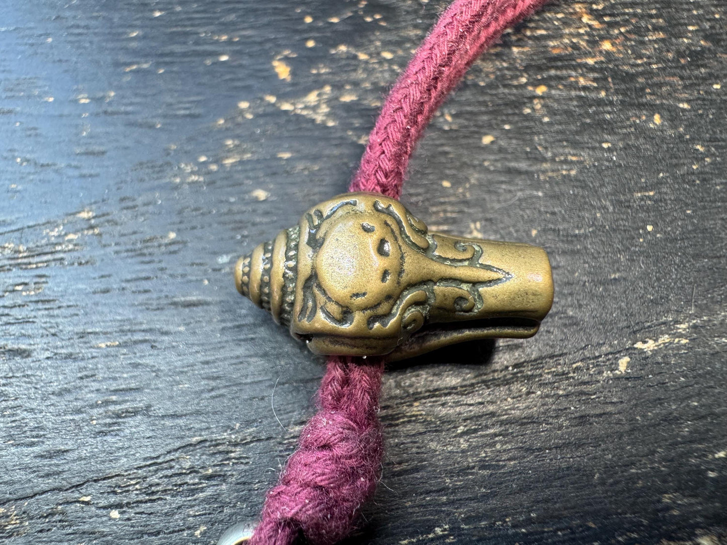 Tibetan Brass Guru Bead Set – Conch Style Three Hole Bead with Tsa-Tsa Amulet Pendant – Mala Making Component – Vintage Inspired