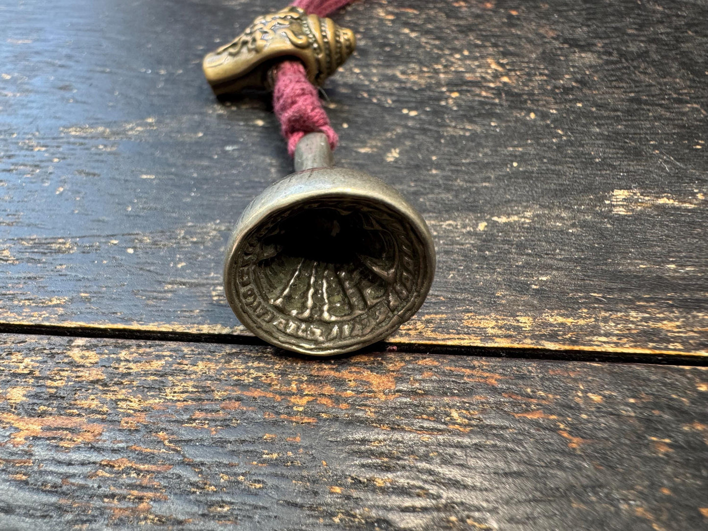 Tibetan Brass Guru Bead Set – Conch Style Three Hole Bead with Tsa-Tsa Amulet Pendant – Mala Making Component – Vintage Inspired