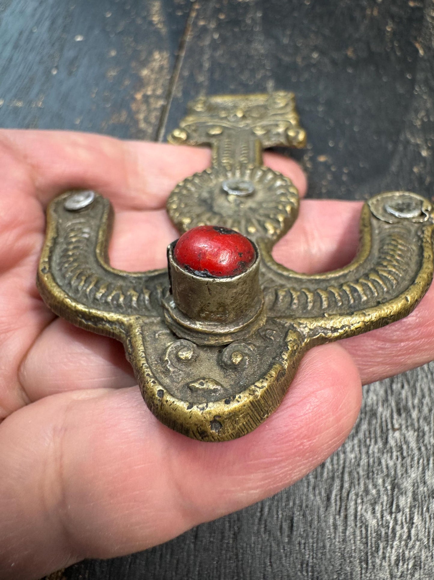 Antique Tibetan Belt Hook Pendant – Himalayan Copper Belt Ornament with Coral Inlay – Tribal Nomad Costume Accessory