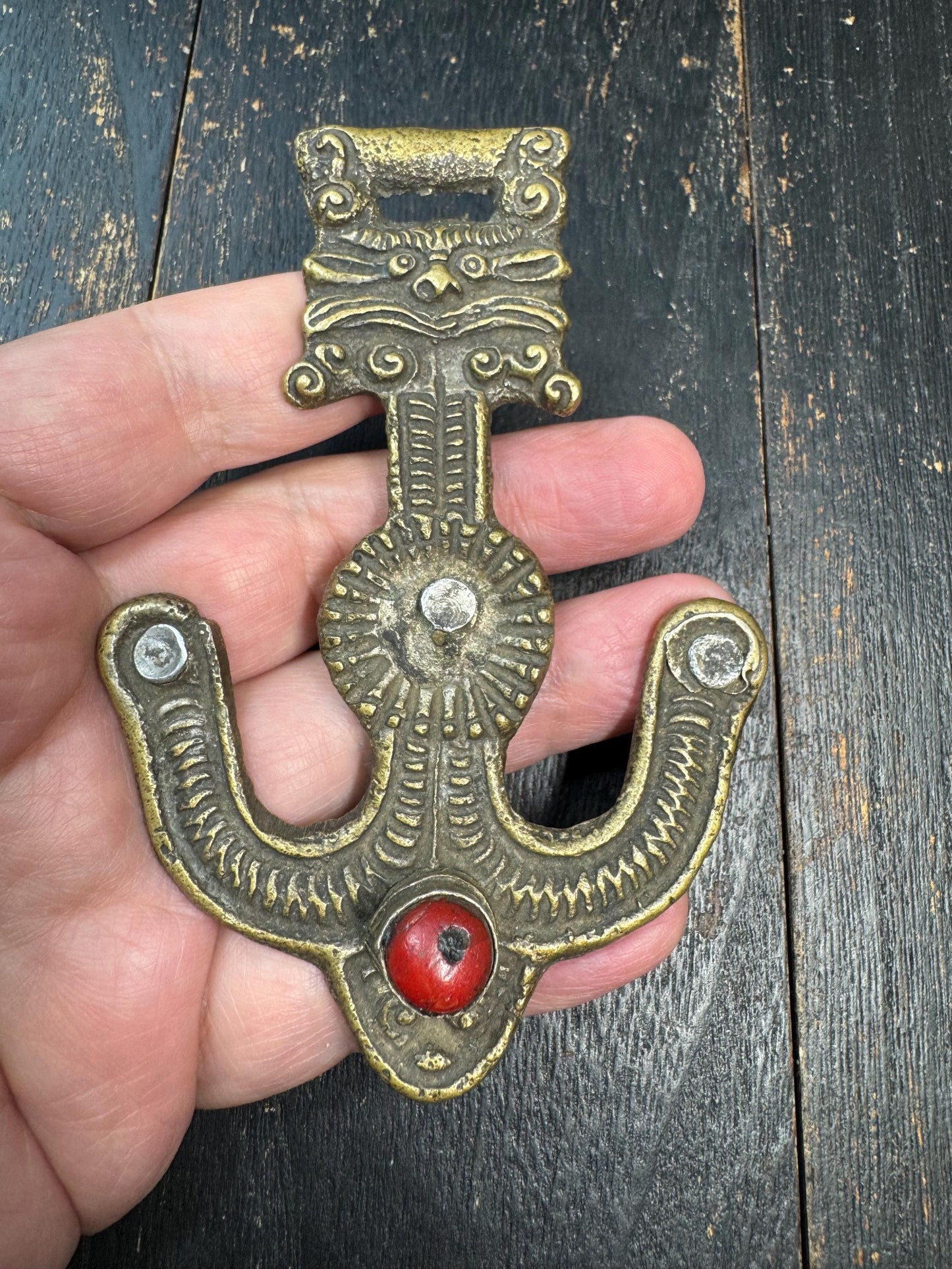 Antique Tibetan Belt Hook Pendant – Himalayan Copper Belt Ornament with Coral Inlay – Tribal Nomad Costume Accessory