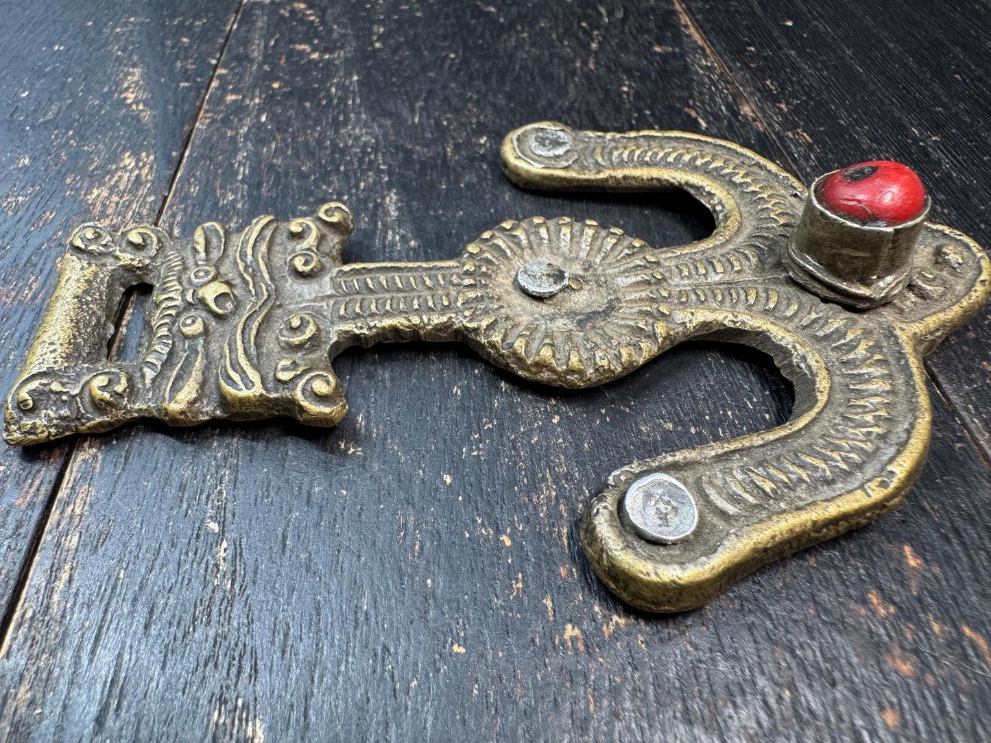 Antique Tibetan Belt Hook Pendant – Himalayan Copper Belt Ornament with Coral Inlay – Tribal Nomad Costume Accessory