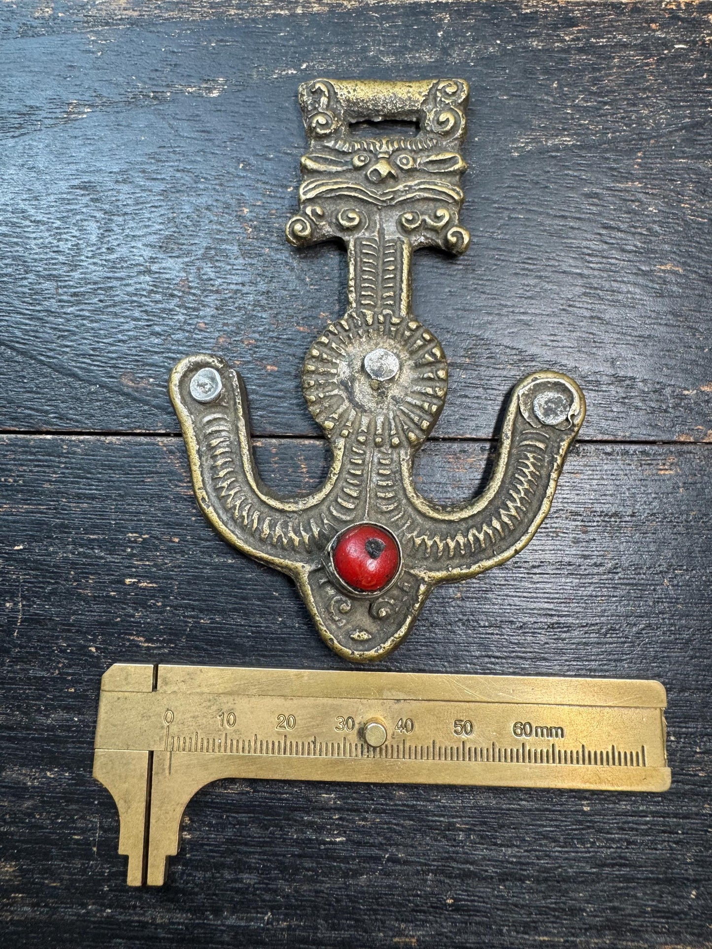 Antique Tibetan Belt Hook Pendant – Himalayan Copper Belt Ornament with Coral Inlay – Tribal Nomad Costume Accessory