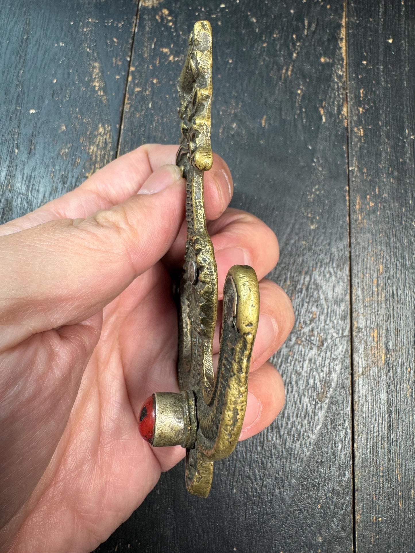 Antique Tibetan Belt Hook Pendant – Himalayan Copper Belt Ornament with Coral Inlay – Tribal Nomad Costume Accessory
