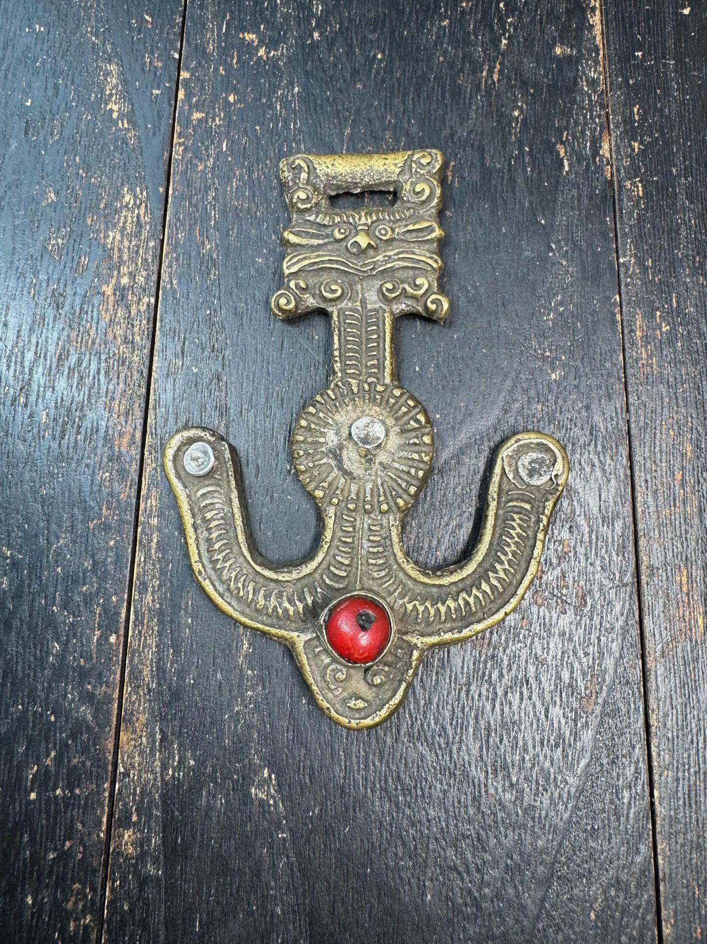 Antique Tibetan Belt Hook Pendant – Himalayan Copper Belt Ornament with Coral Inlay – Tribal Nomad Costume Accessory