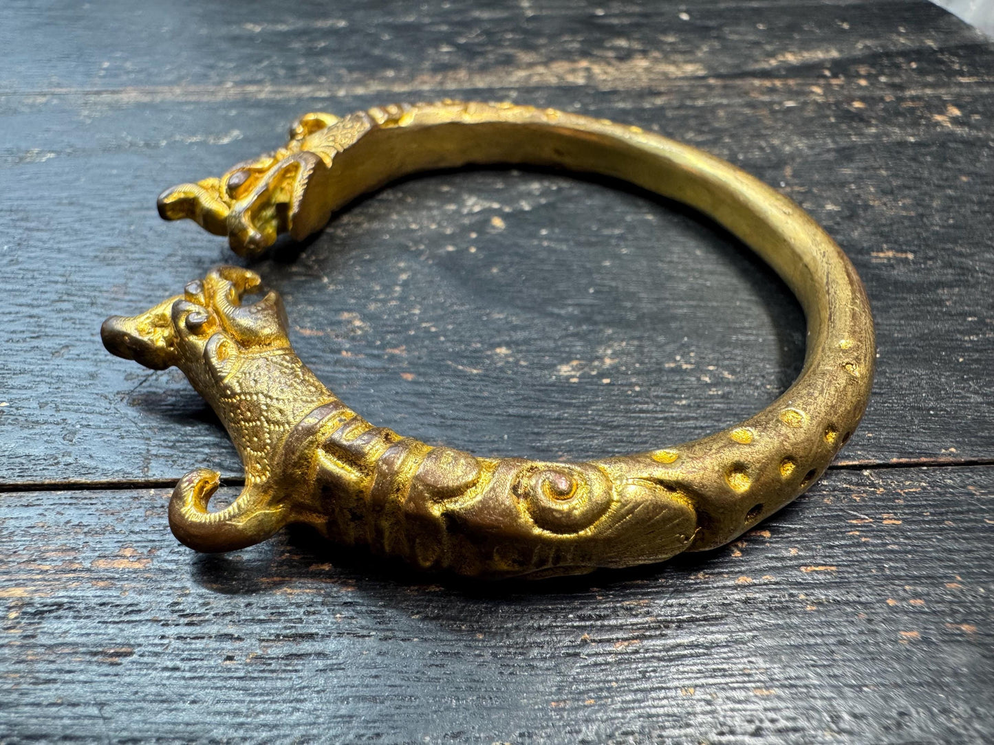 Chinese Gilt Bronze Animal Head Bracelet – Antique Style Dragon Head Bangle – Ethnic Chinese Tribal Amulet Jewelry