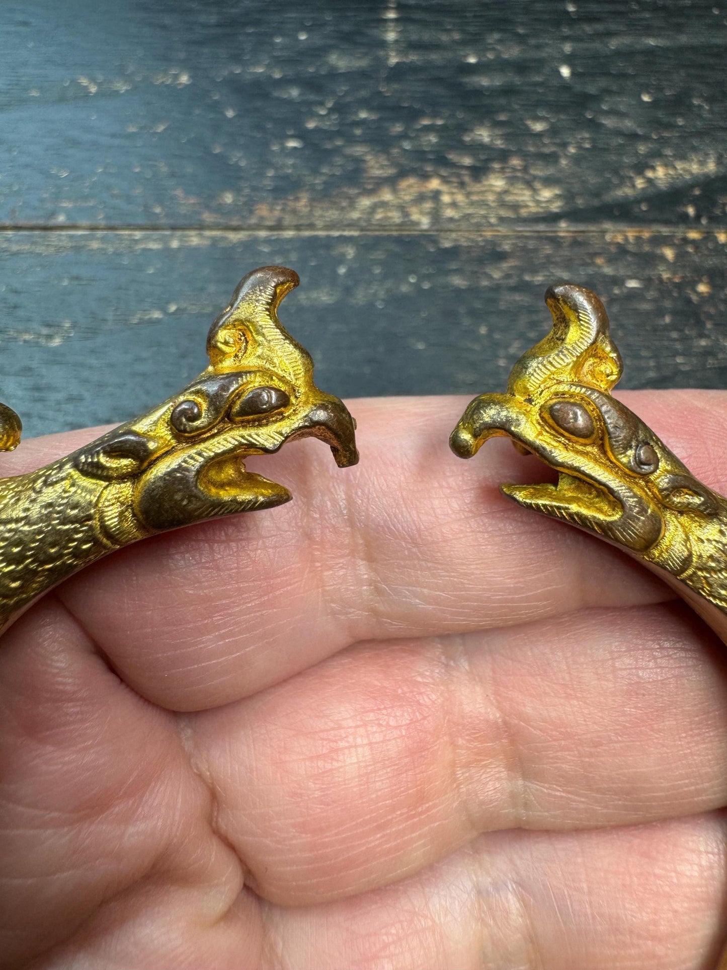 Chinese Gilt Bronze Animal Head Bracelet – Antique Style Dragon Head Bangle – Ethnic Chinese Tribal Amulet Jewelry