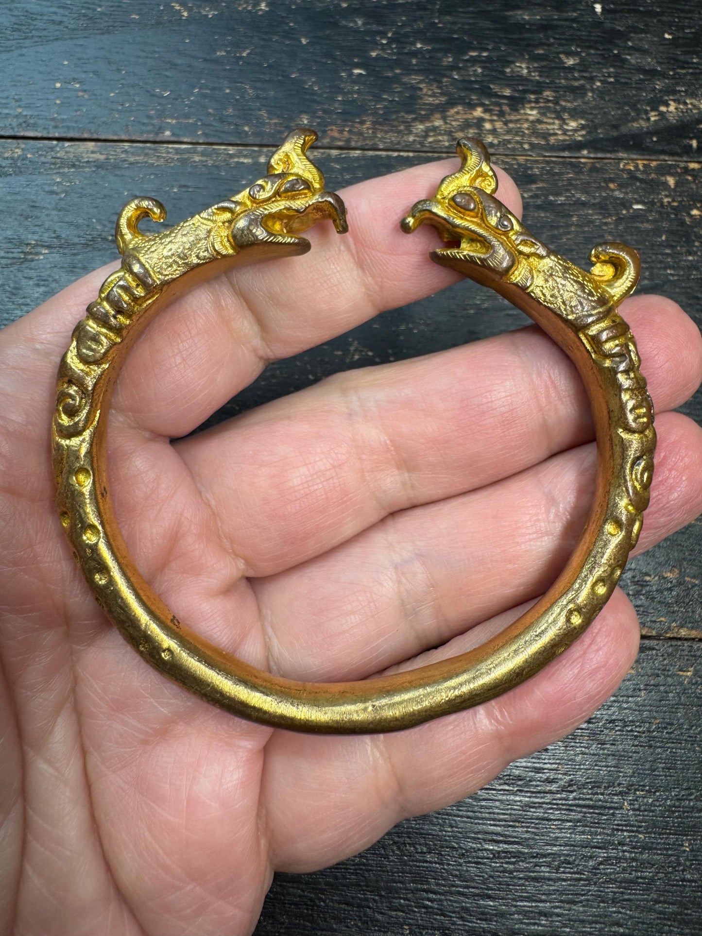 Chinese Gilt Bronze Animal Head Bracelet – Antique Style Dragon Head Bangle – Ethnic Chinese Tribal Amulet Jewelry