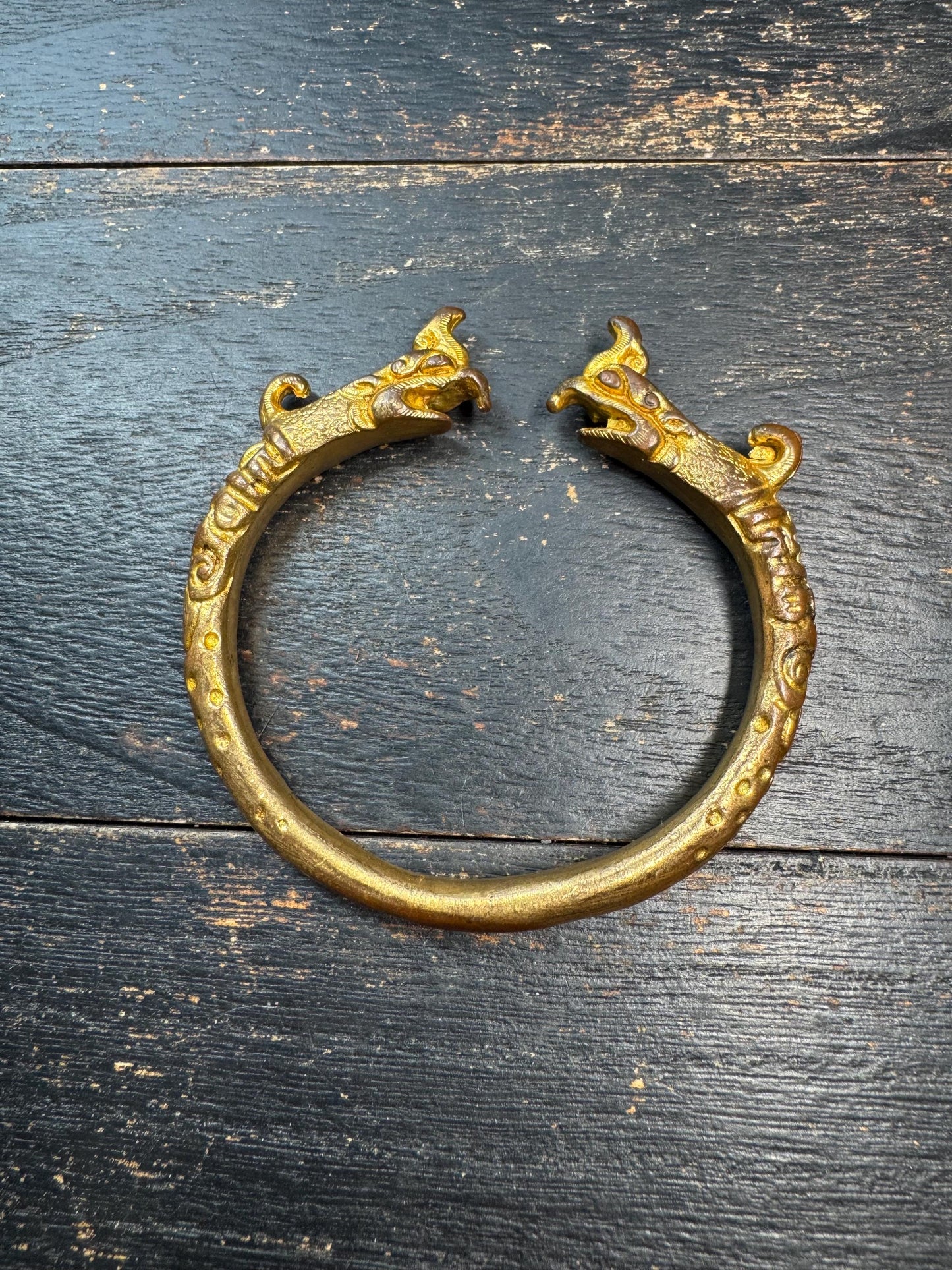 Chinese Gilt Bronze Animal Head Bracelet – Antique Style Dragon Head Bangle – Ethnic Chinese Tribal Amulet Jewelry