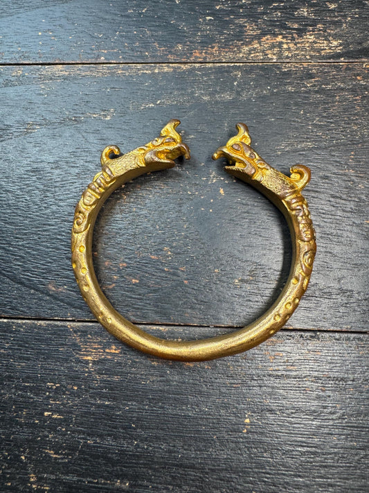 Chinese Gilt Bronze Animal Head Bracelet – Antique Style Dragon Head Bangle – Ethnic Chinese Tribal Amulet Jewelry