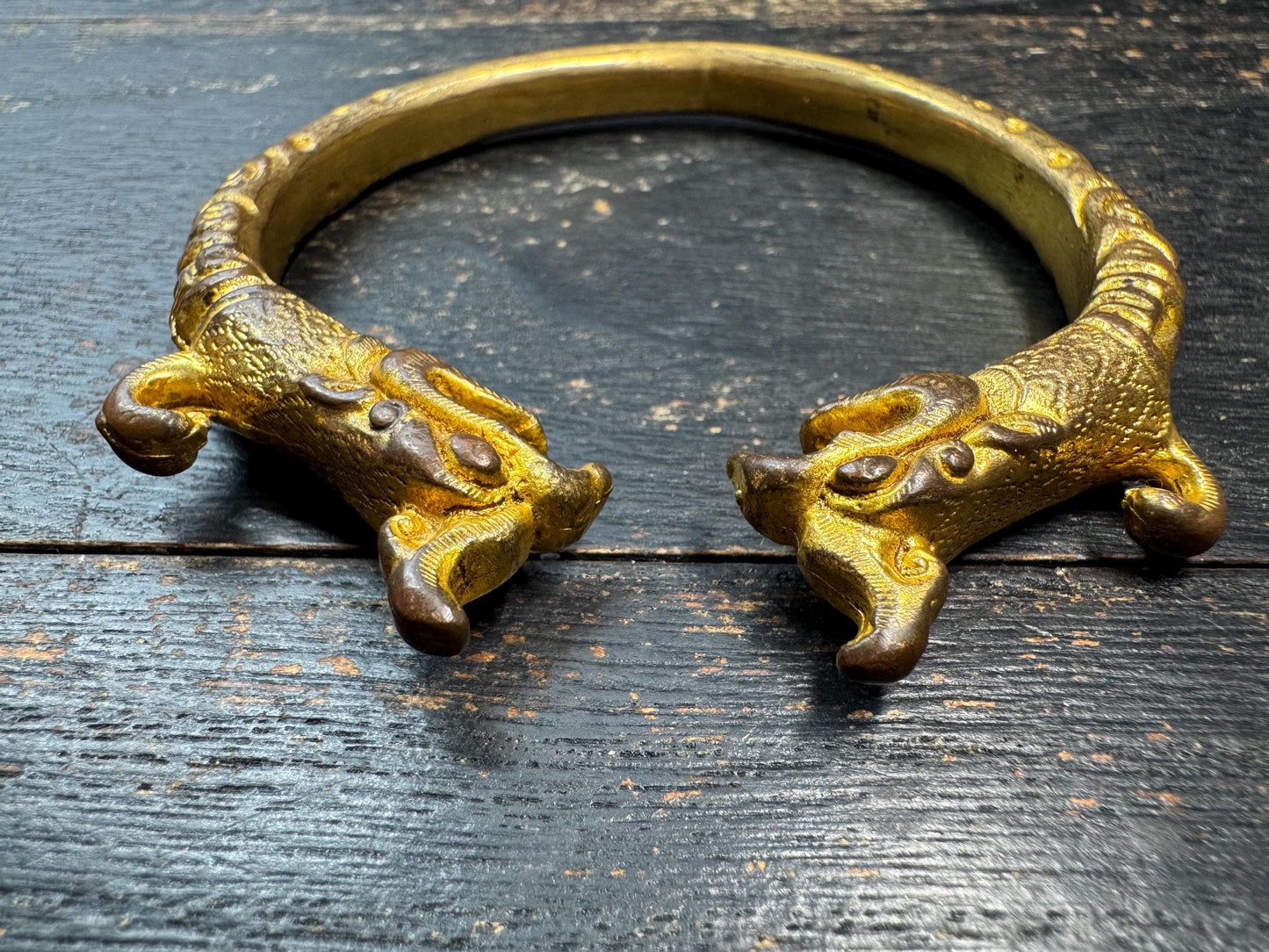 Chinese Gilt Bronze Animal Head Bracelet – Antique Style Dragon Head Bangle – Ethnic Chinese Tribal Amulet Jewelry