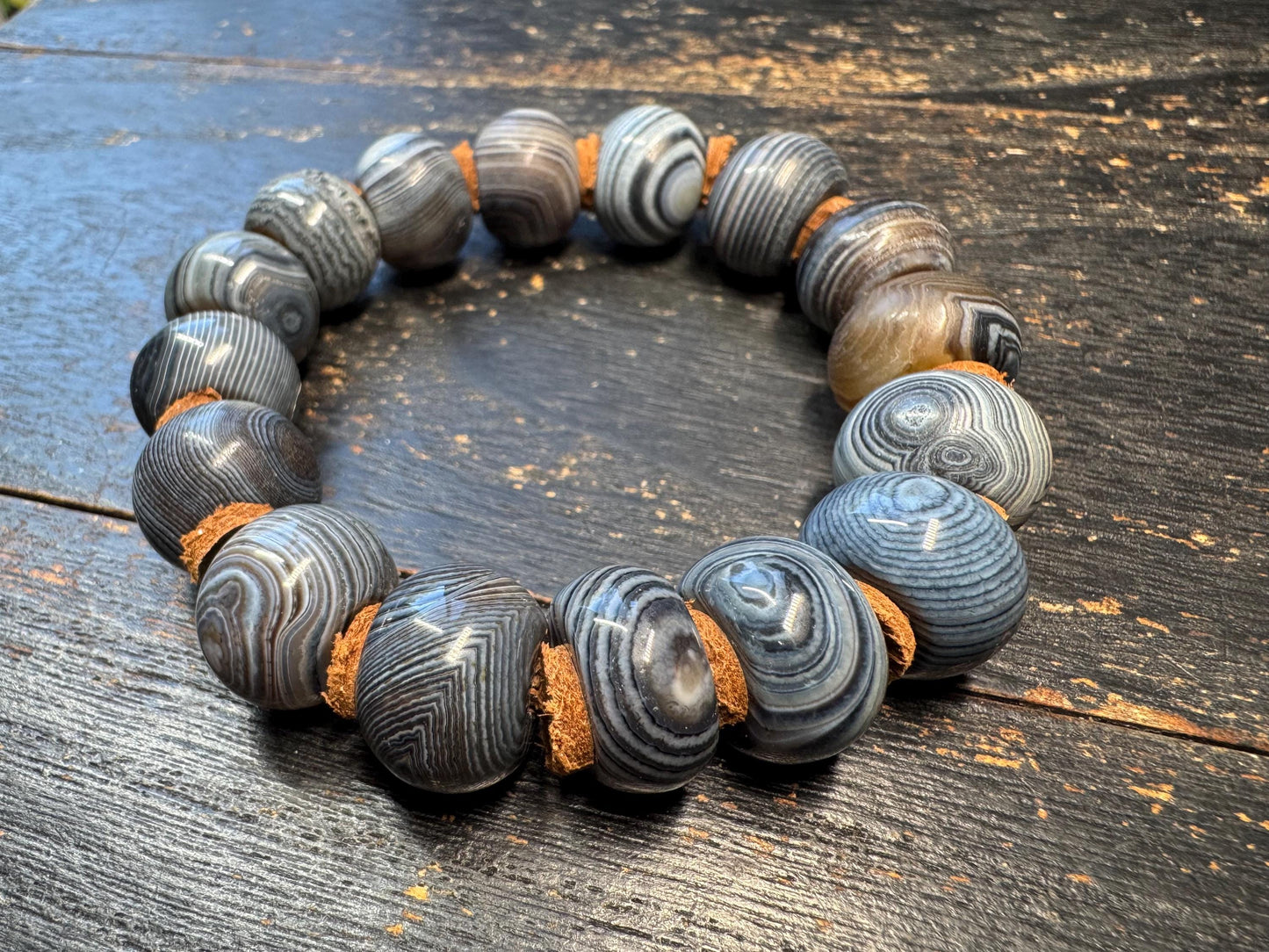 Black Banded Agate Mala Bracelet, XL 18mm Prayer Beads, Adjustable 9 inch Wrist, Tibetan Style Stretch Bracelet with Leather Spacers