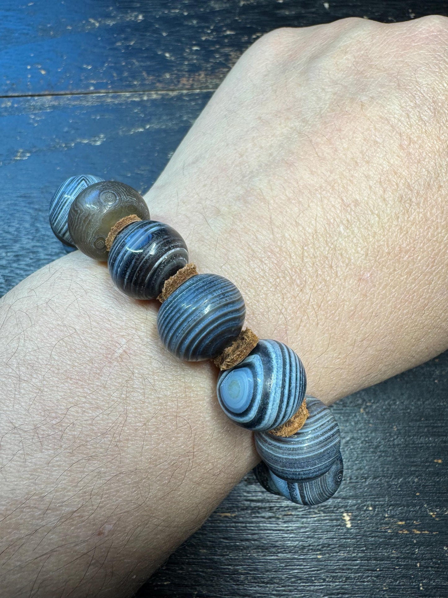 Black Banded Agate Mala Bracelet, XL 18mm Prayer Beads, Adjustable 9 inch Wrist, Tibetan Style Stretch Bracelet with Leather Spacers