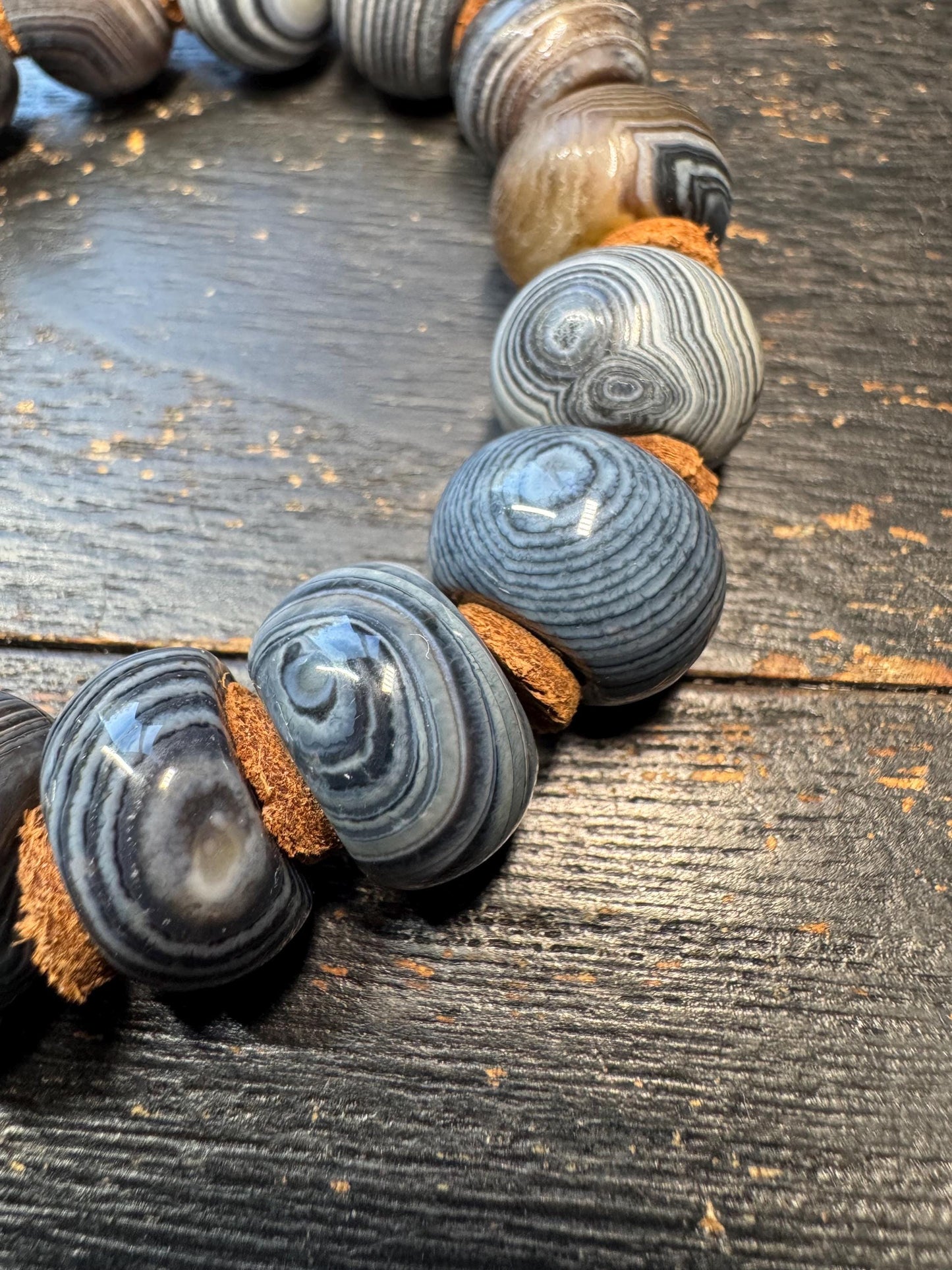 Black Banded Agate Mala Bracelet, XL 18mm Prayer Beads, Adjustable 9 inch Wrist, Tibetan Style Stretch Bracelet with Leather Spacers