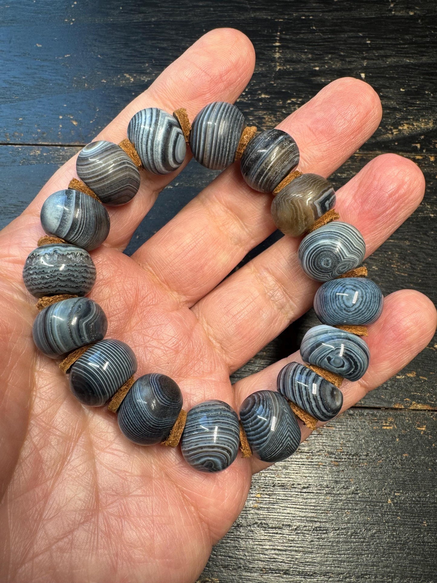 Black Banded Agate Mala Bracelet, XL 18mm Prayer Beads, Adjustable 9 inch Wrist, Tibetan Style Stretch Bracelet with Leather Spacers