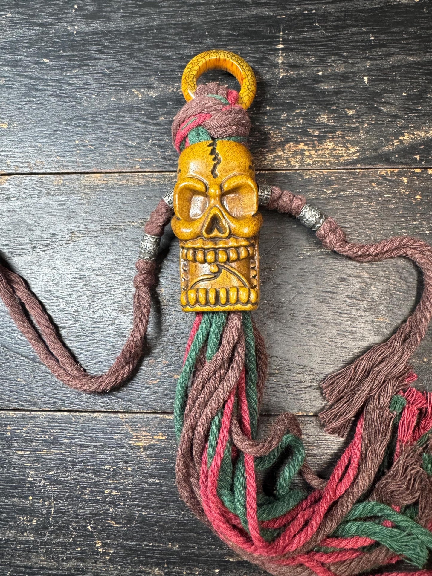 Tibetan Chitipati Skull Yak Bone Pendant – Hand Carved Buddhist Protector Amulet, Himalayan Ritual Ornament with Braided Cord