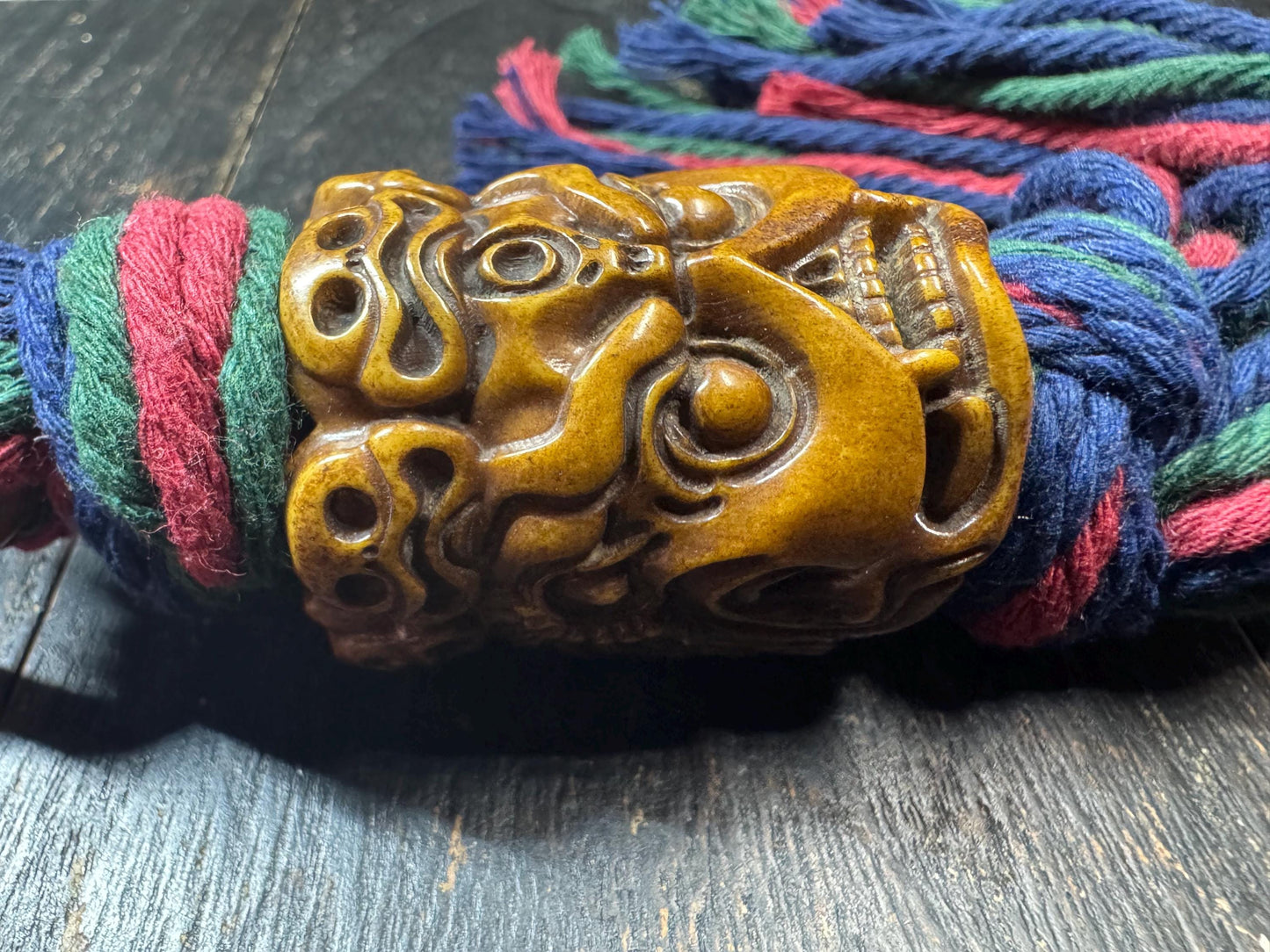 Tibetan Mahakala Yak Bone Pendant – Hand Carved Protector Mask Amulet, Himalayan Buddhist Wrathful Deity Ornament with Cord
