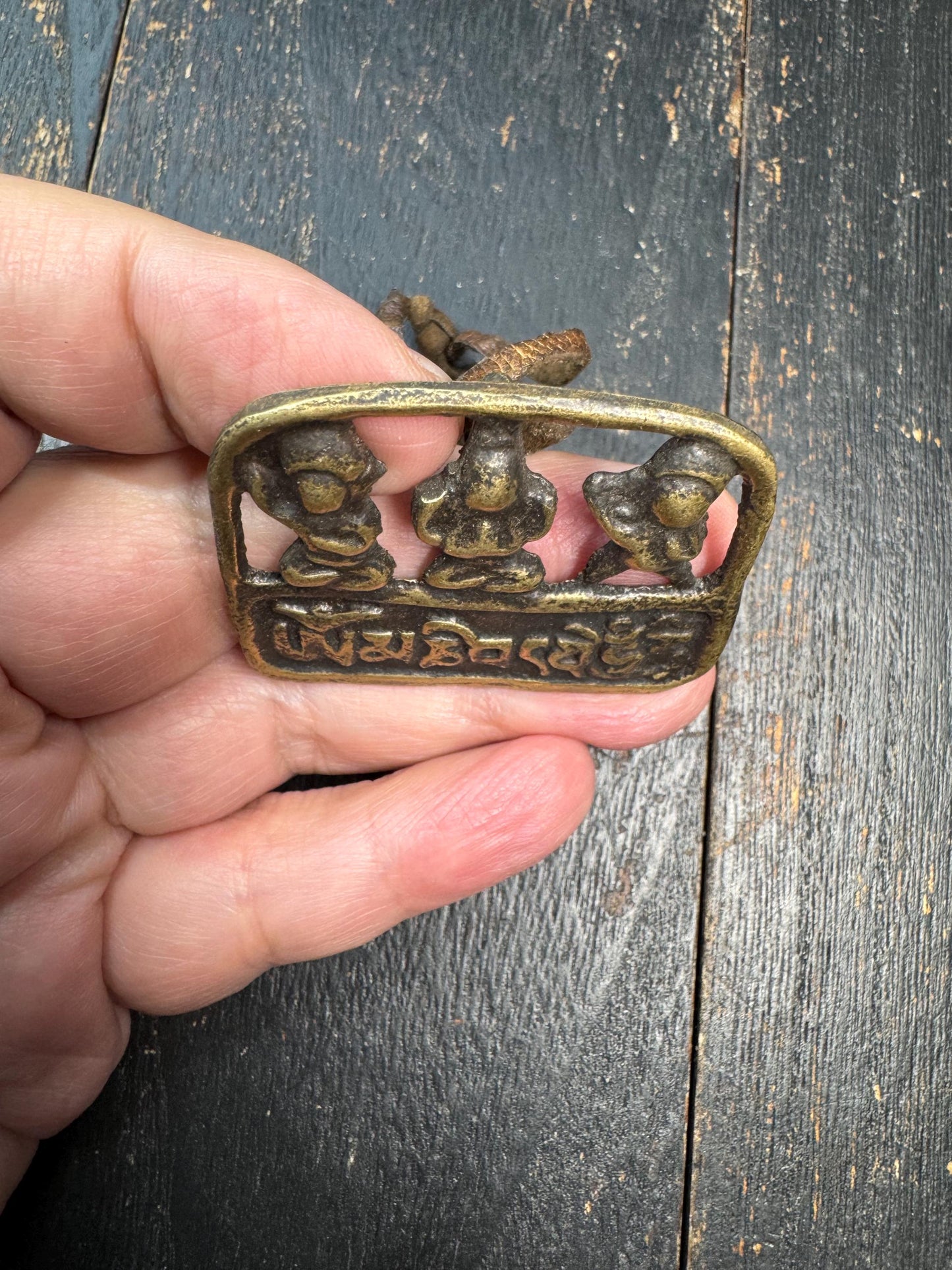 Tibetan Copper Amulet Pendant – Three Protectors (Chenrezig Manjushri Vajrapani) with Om Mani Padme Hum Mantra, Himalayan Buddhist Talisman