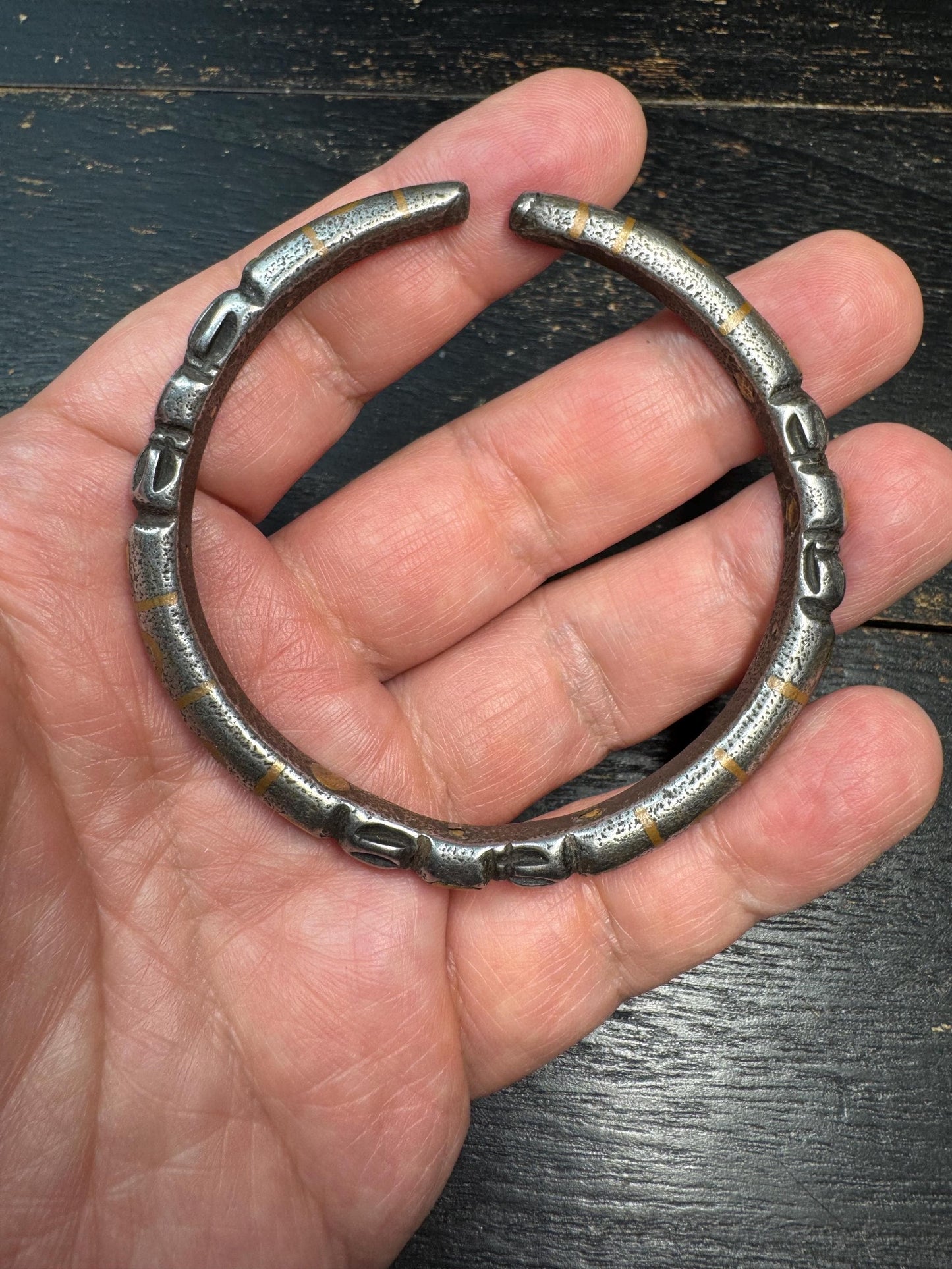 Tibetan Vajra Cold Iron Cuff Bracelet – Inlaid Copper Protective Bangle, Himalayan Ritual Jewelry, Open Adjustable Wrist Cuff