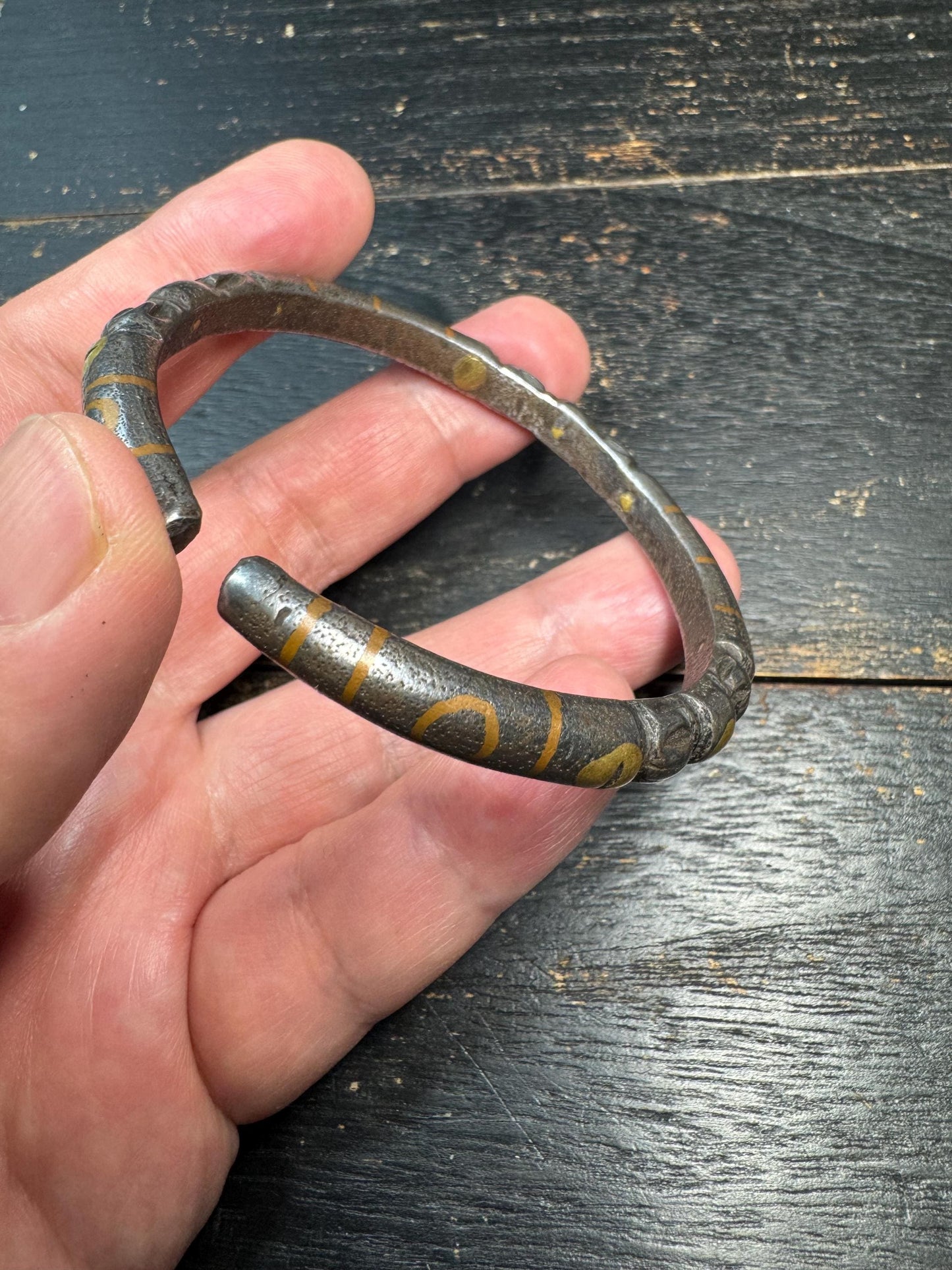 Tibetan Vajra Cold Iron Cuff Bracelet – Inlaid Copper Protective Bangle, Himalayan Ritual Jewelry, Open Adjustable Wrist Cuff