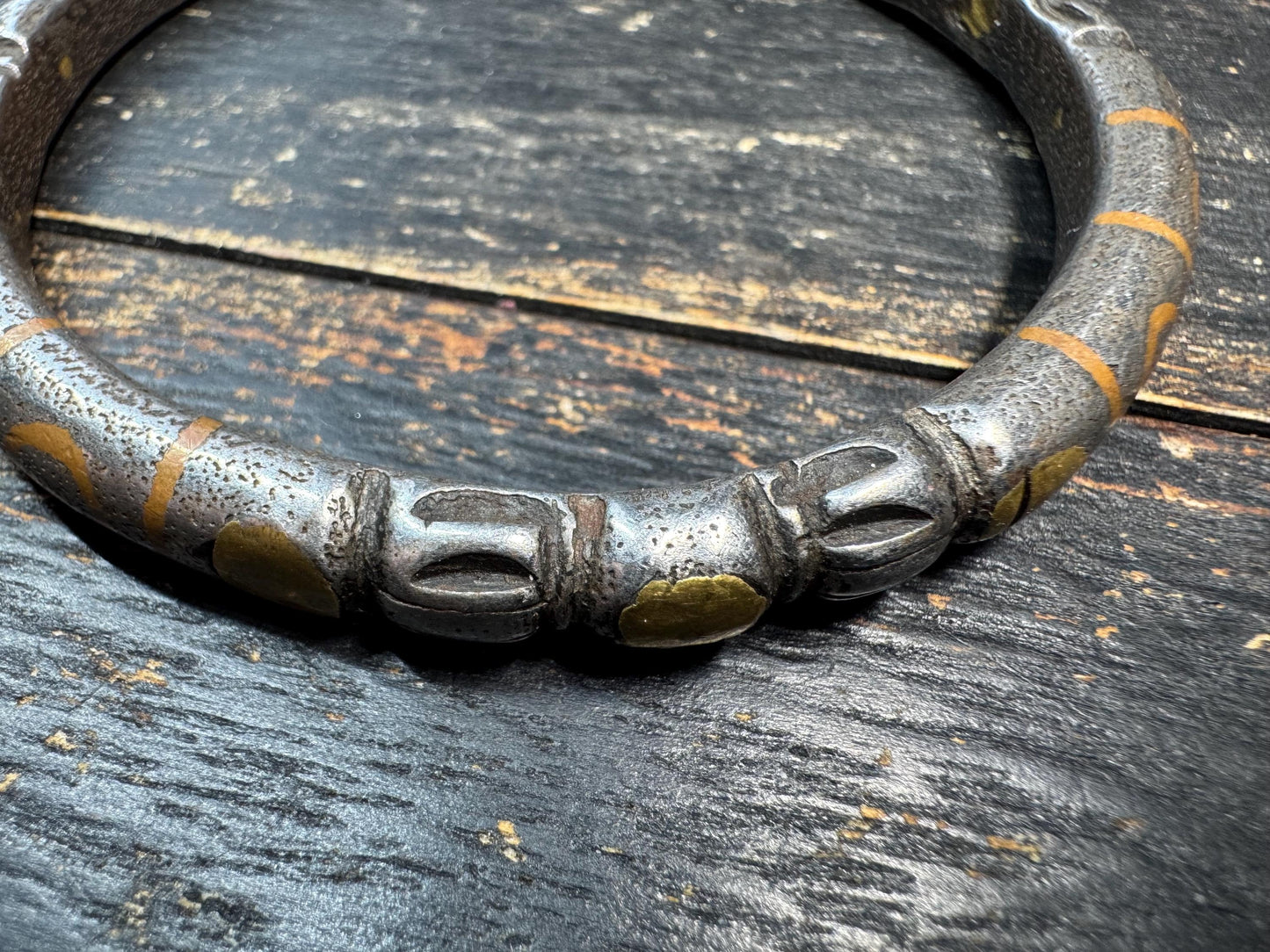 Tibetan Vajra Cold Iron Cuff Bracelet – Inlaid Copper Protective Bangle, Himalayan Ritual Jewelry, Open Adjustable Wrist Cuff