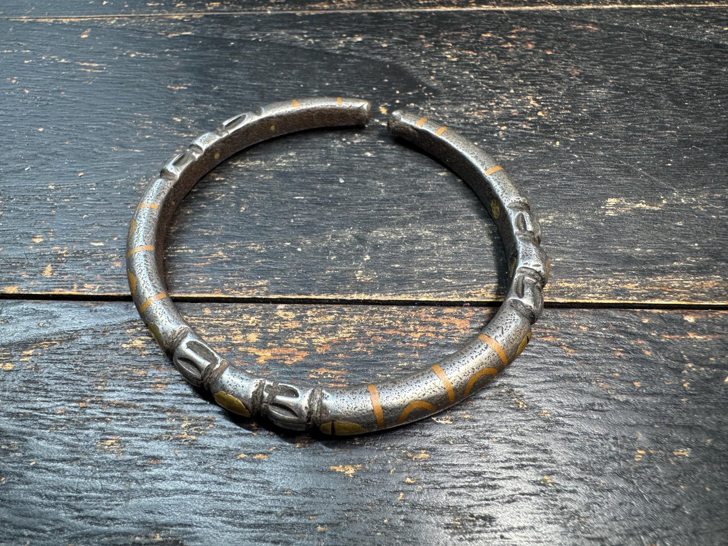 Tibetan Vajra Cold Iron Cuff Bracelet – Inlaid Copper Protective Bangle, Himalayan Ritual Jewelry, Open Adjustable Wrist Cuff
