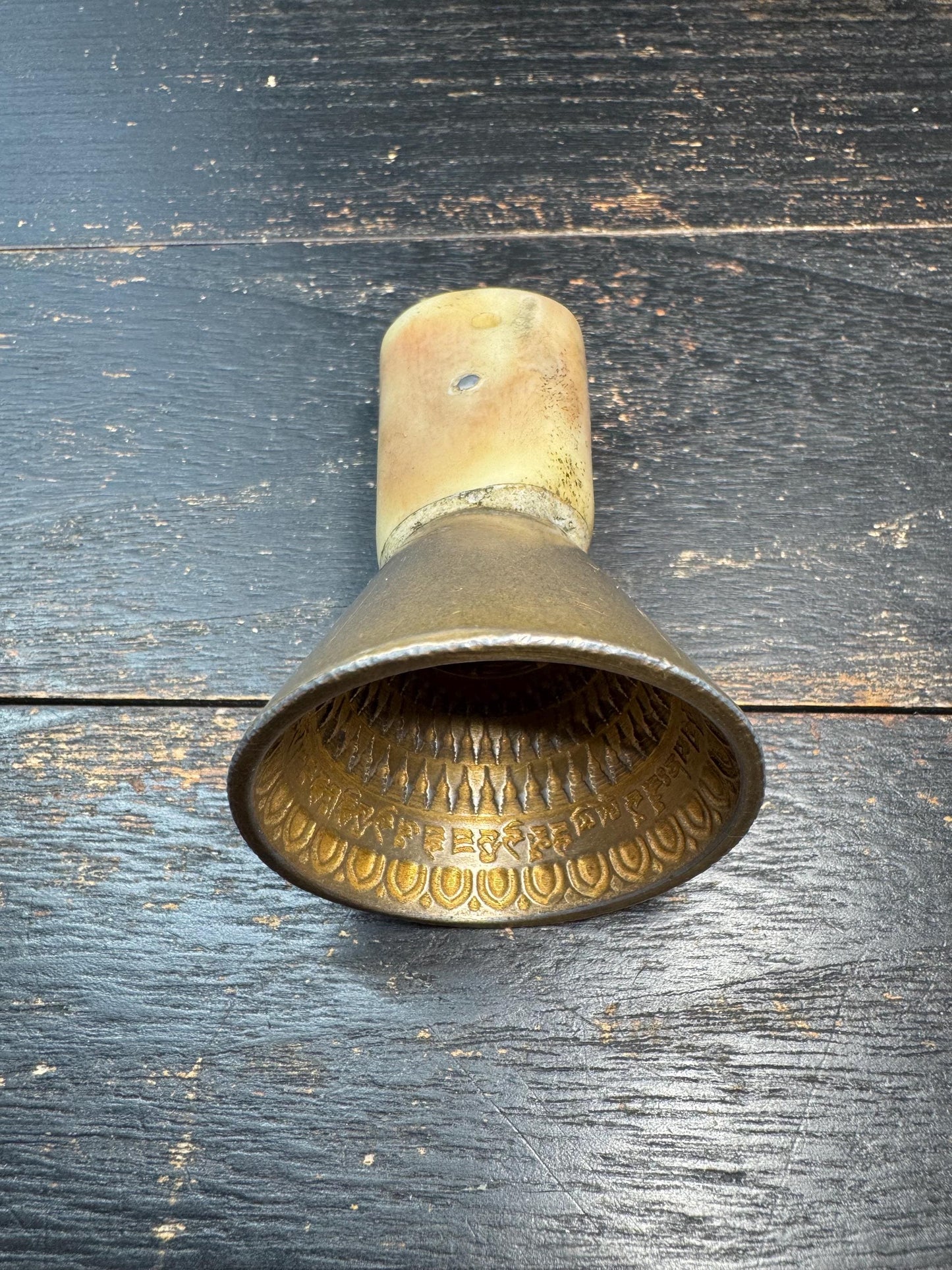 Tibetan Brass Ritual Bell with Yak Bone Handle – Hand Held Prayer Tool, Mantra Engraved Mandala, Himalayan Meditation Altar Object