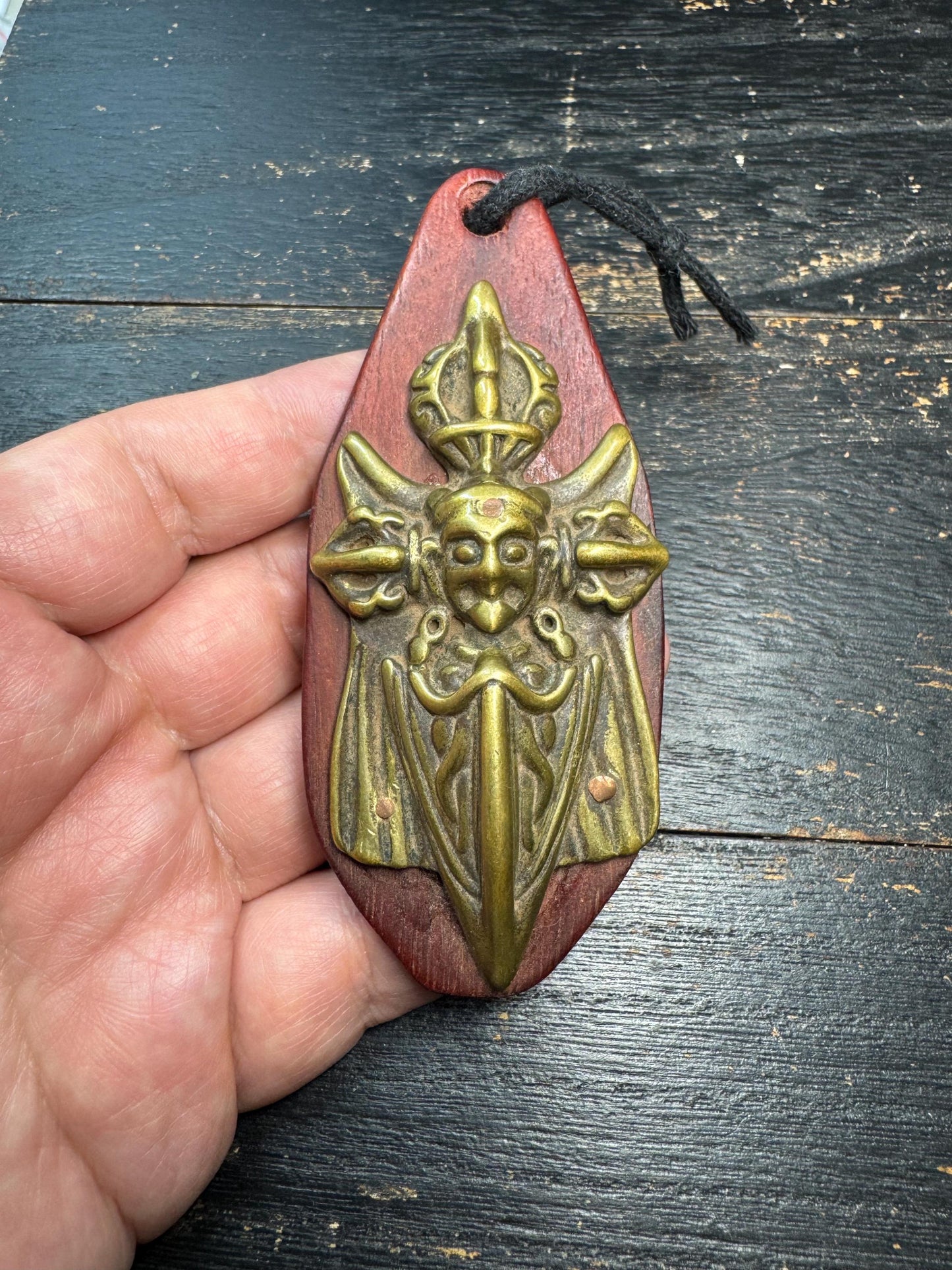 Tibetan Hayagriva Phurba Amulet Pendant Vajra Ritual Dagger Talisman, Wrathful Deity Protection Charm, Brass on Wood
