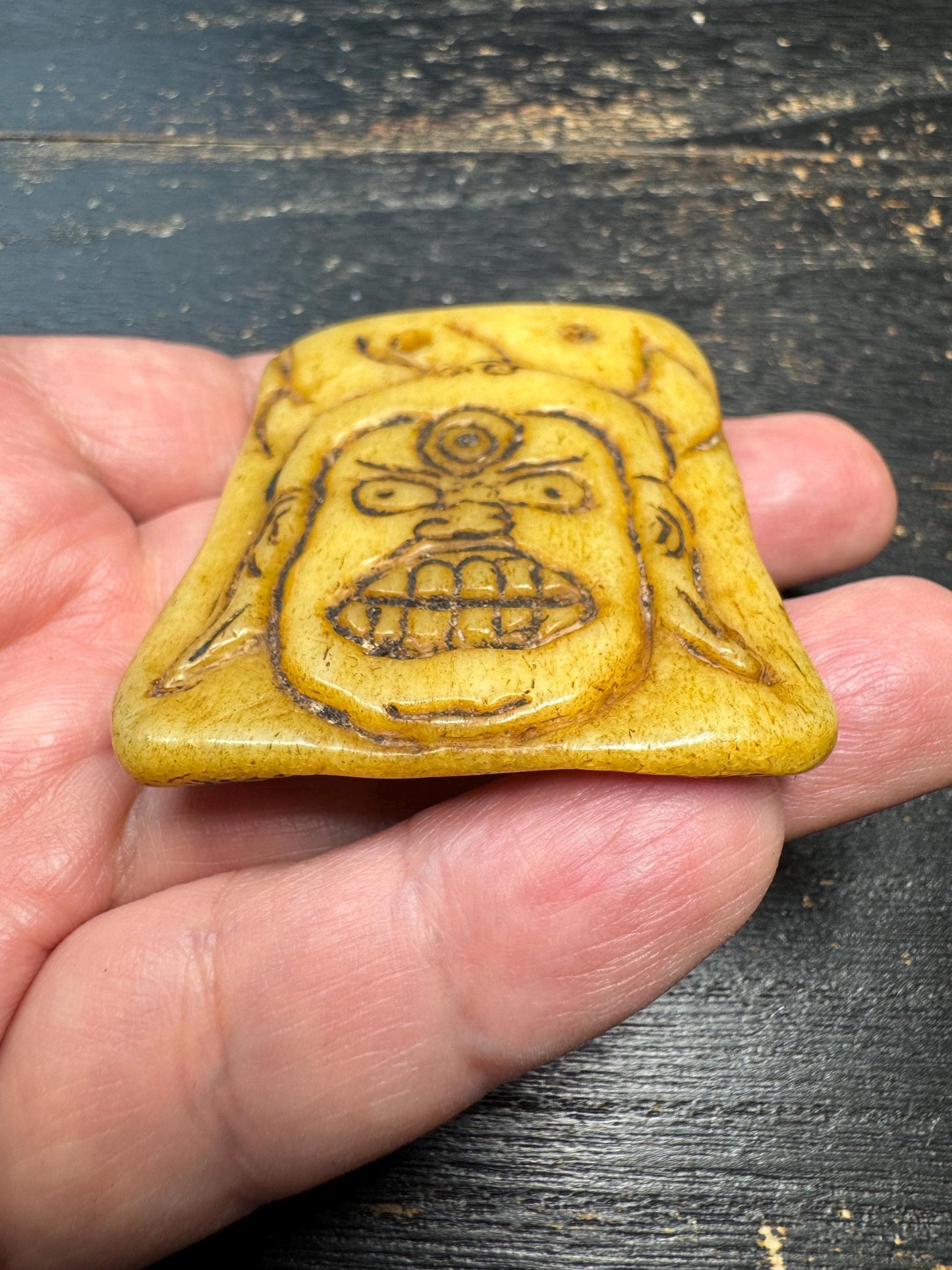 Tibetan Yak Bone Wrathful Deity Amulet – Hand Carved Protector Mask Pendant, Third Eye Talisman, Himalayan Spiritual Jewelry