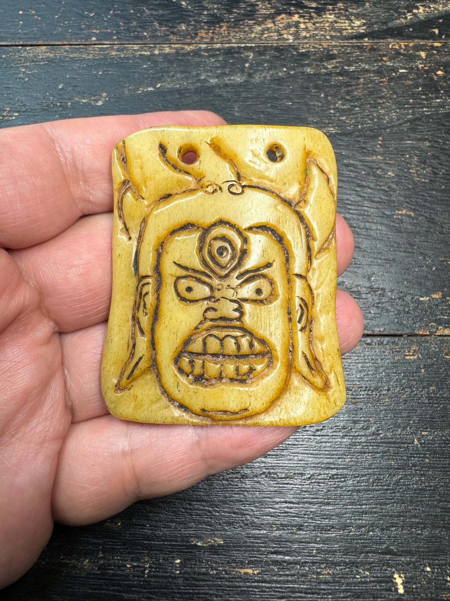 Tibetan Yak Bone Wrathful Deity Amulet – Hand Carved Protector Mask Pendant, Third Eye Talisman, Himalayan Spiritual Jewelry