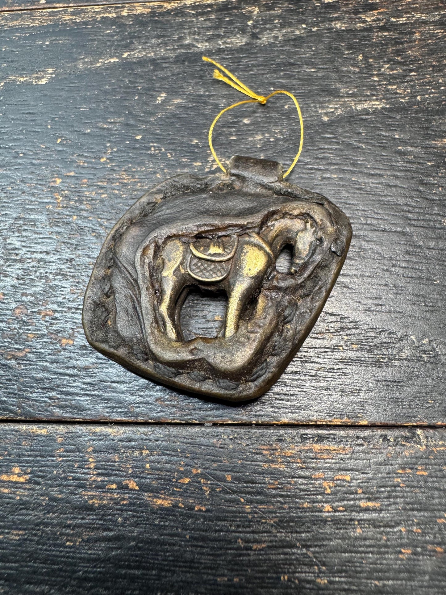 Tibetan Horse Amulet Pendant – Brass Horse Talisman with Leather Frame, Nomadic Style Protection Charm, Himalayan Folk Jewelry