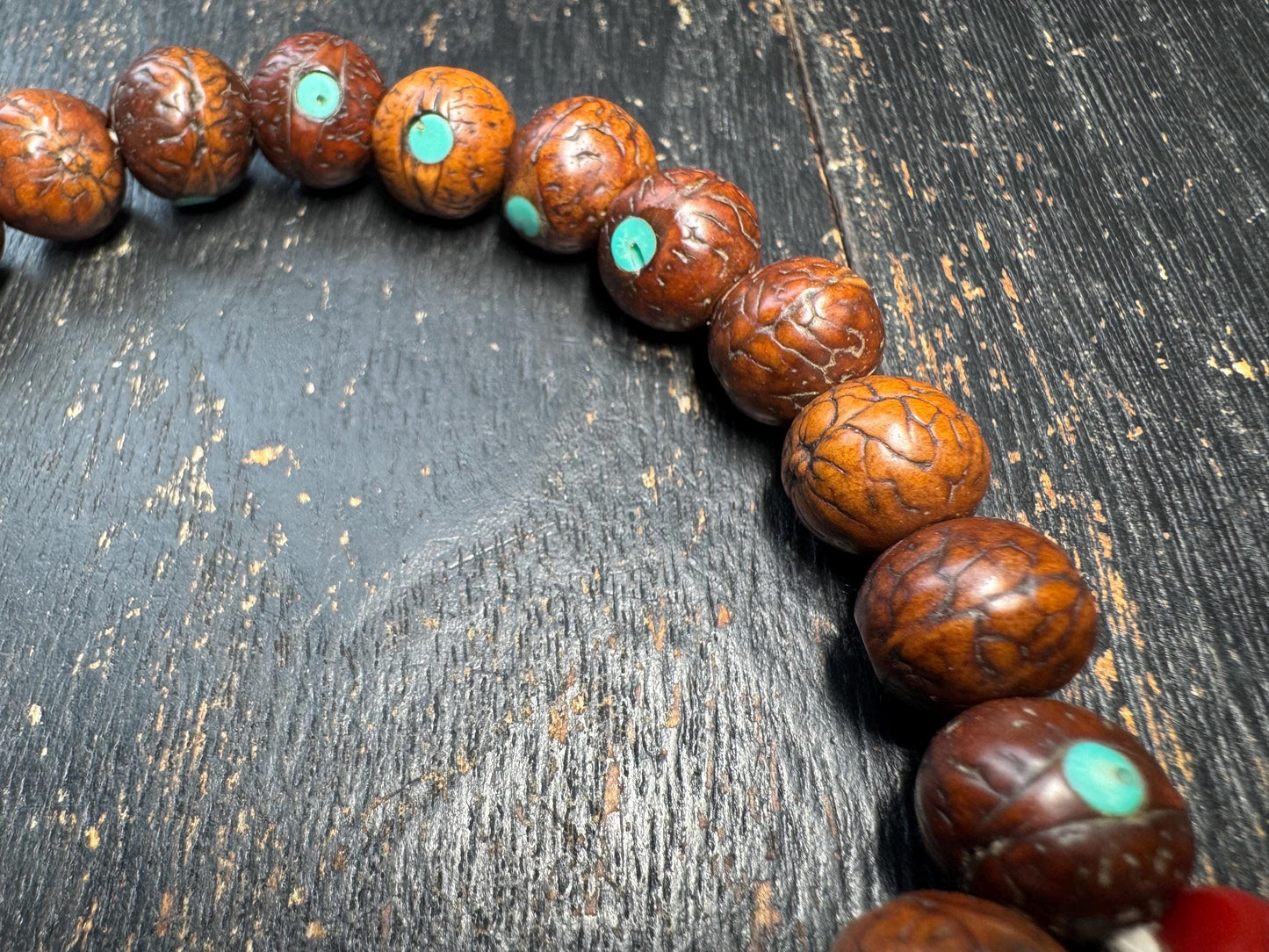 Bodhi Seed Bracelet with Resin Skull Guru Bead | Tibetan Style Mala Bracelet | Turquoise Inlay Prayer Beads | Adjustable Wrist Mala