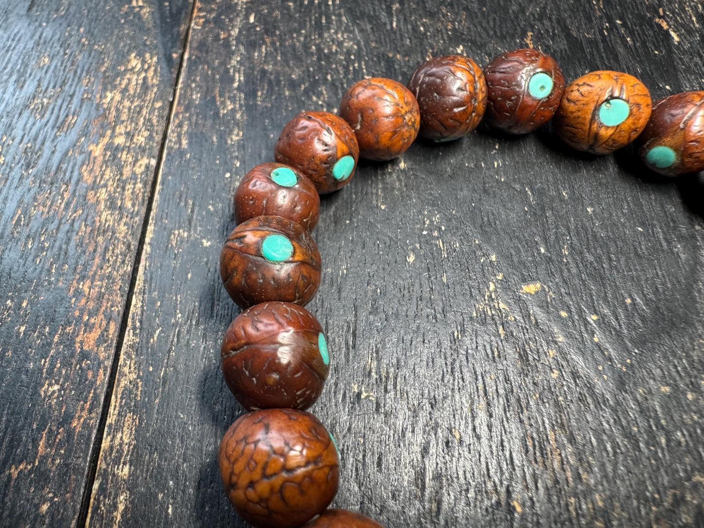 Bodhi Seed Bracelet with Resin Skull Guru Bead | Tibetan Style Mala Bracelet | Turquoise Inlay Prayer Beads | Adjustable Wrist Mala
