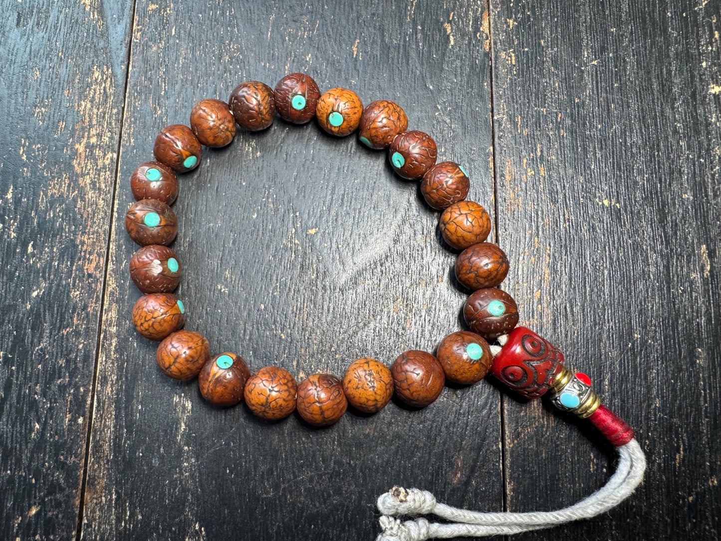 Bodhi Seed Bracelet with Resin Skull Guru Bead | Tibetan Style Mala Bracelet | Turquoise Inlay Prayer Beads | Adjustable Wrist Mala