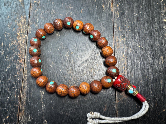 Bodhi Seed Bracelet with Resin Skull Guru Bead | Tibetan Style Mala Bracelet | Turquoise Inlay Prayer Beads | Adjustable Wrist Mala