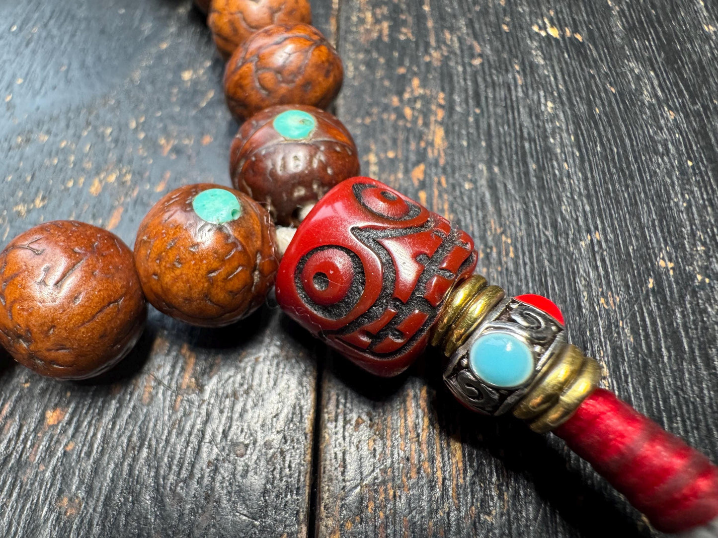 Bodhi Seed Bracelet with Resin Skull Guru Bead | Tibetan Style Mala Bracelet | Turquoise Inlay Prayer Beads | Adjustable Wrist Mala
