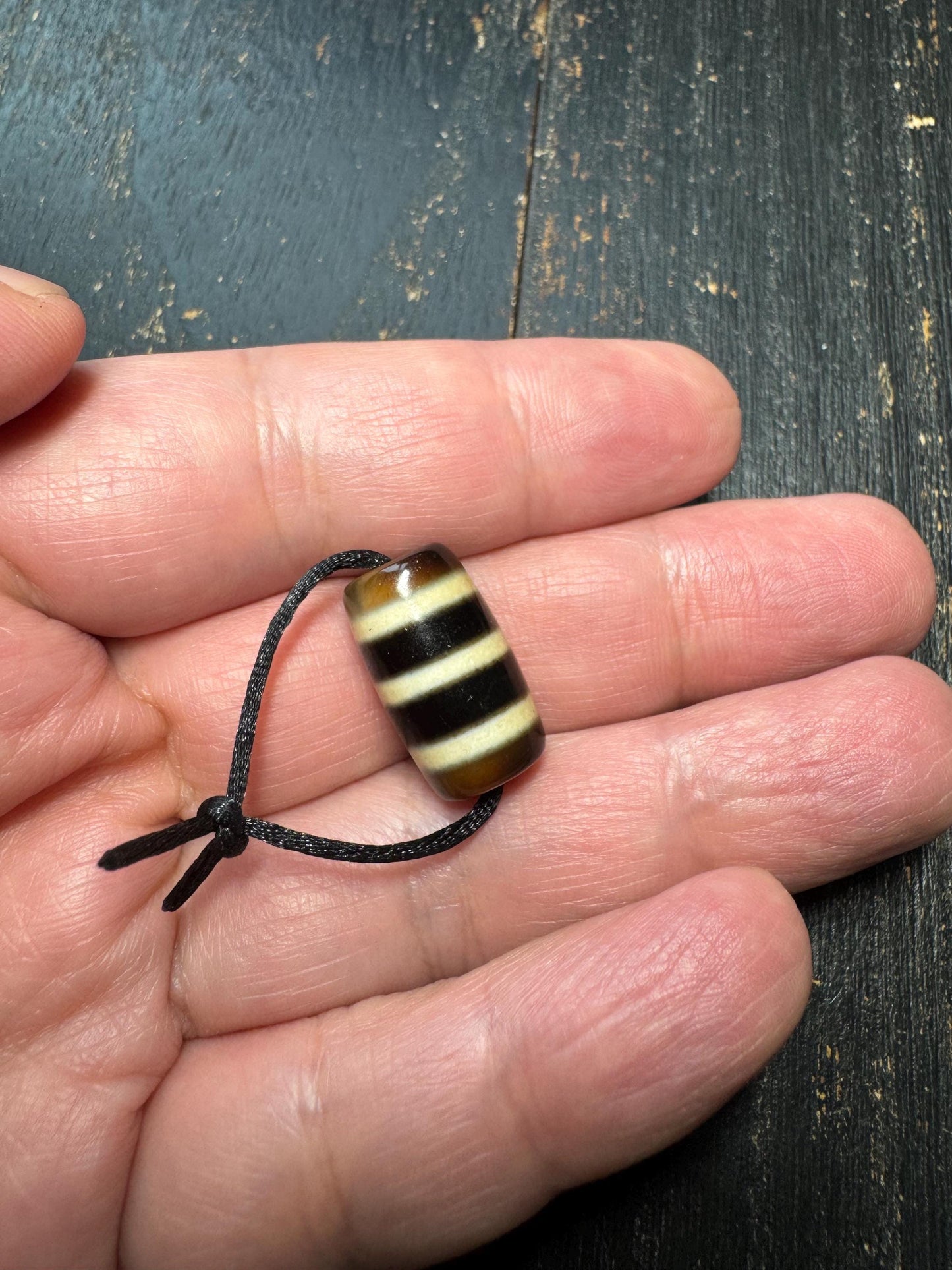 Striped Agate Dzi Style Bead Pendant | Tibetan Inspired Amulet | Brown & Ivory Banded Barrel Bead | Vintage Look Jewelry Supply