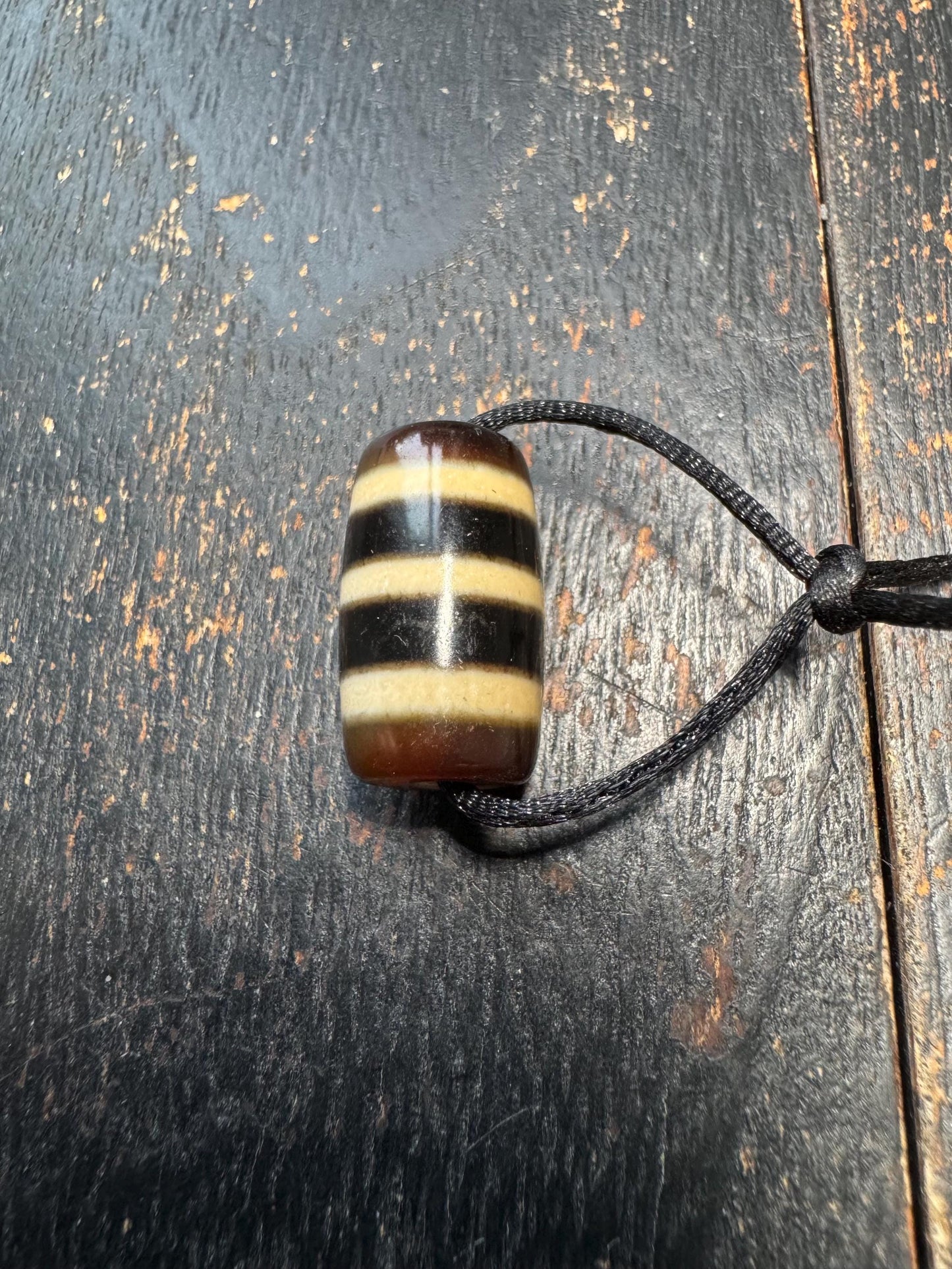 Striped Agate Dzi Style Bead Pendant | Tibetan Inspired Amulet | Brown & Ivory Banded Barrel Bead | Vintage Look Jewelry Supply