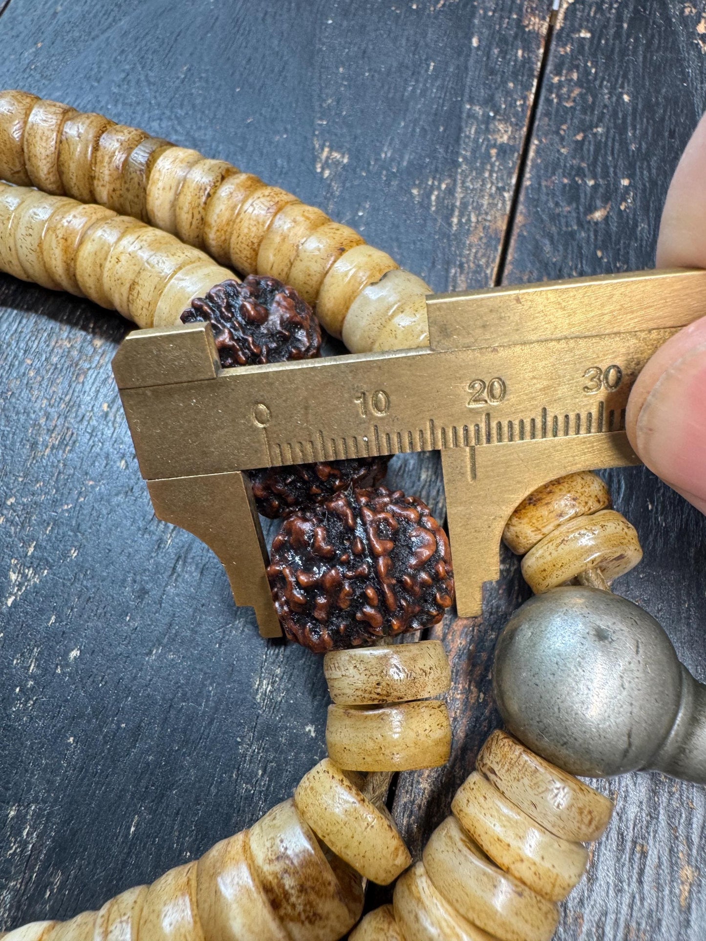 108 Yak Bone Mala Necklace with Rudraksha Spacer Beads, 12mm Tibetan Prayer Beads, Handmade Buddhist Meditation Mala, 26 Inches
