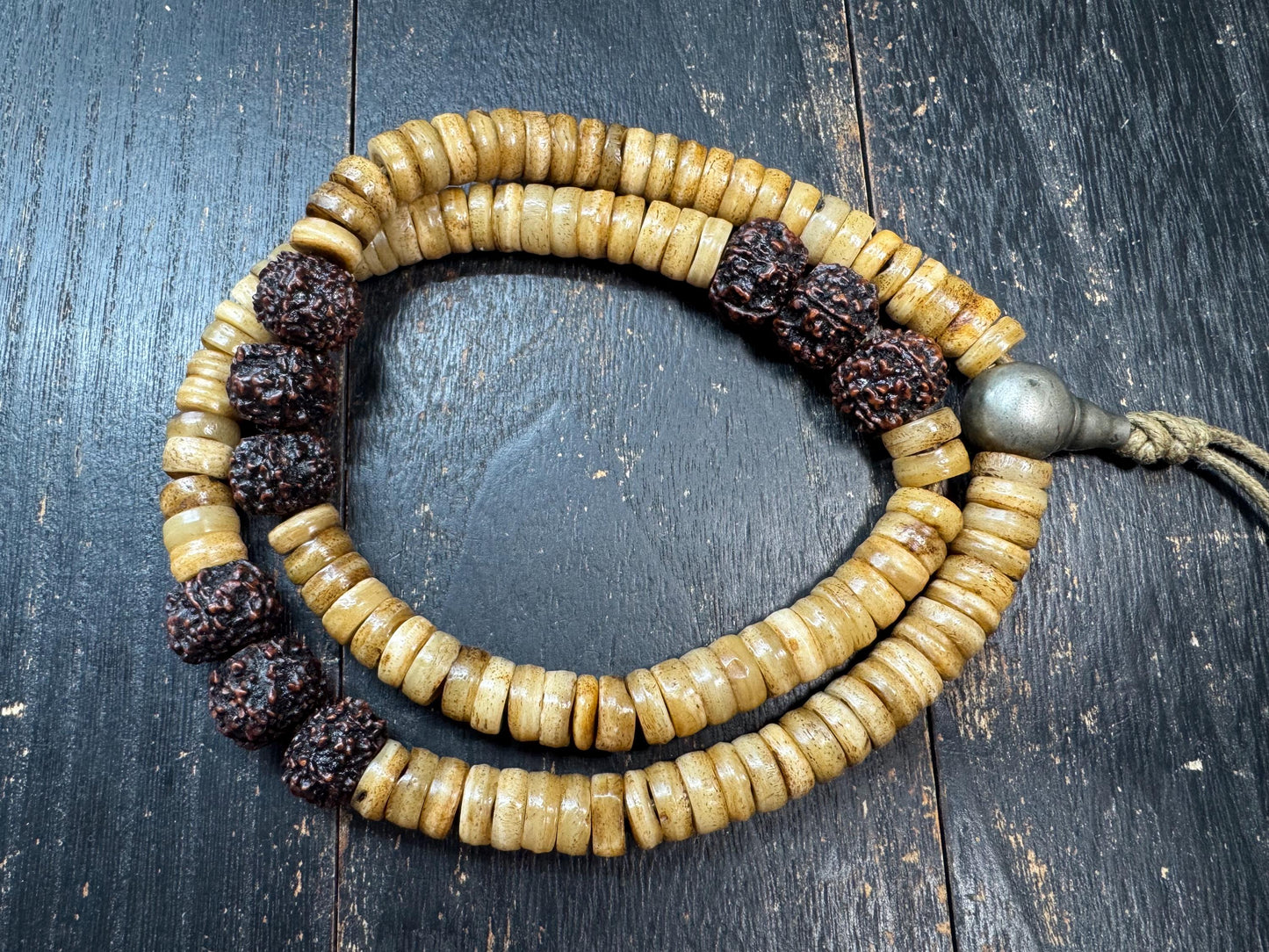 108 Yak Bone Mala Necklace with Rudraksha Spacer Beads, 12mm Tibetan Prayer Beads, Handmade Buddhist Meditation Mala, 26 Inches