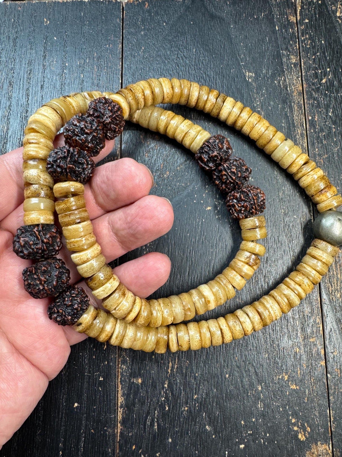 108 Yak Bone Mala Necklace with Rudraksha Spacer Beads, 12mm Tibetan Prayer Beads, Handmade Buddhist Meditation Mala, 26 Inches