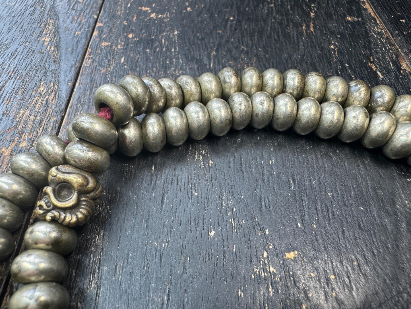 Vintage Tibetan Brass Mala 108 Beads – 22” Heavy Disc Prayer Necklace – Garuda Spacer Beads – Buddhist Meditation Mala – Antique Style Patin
