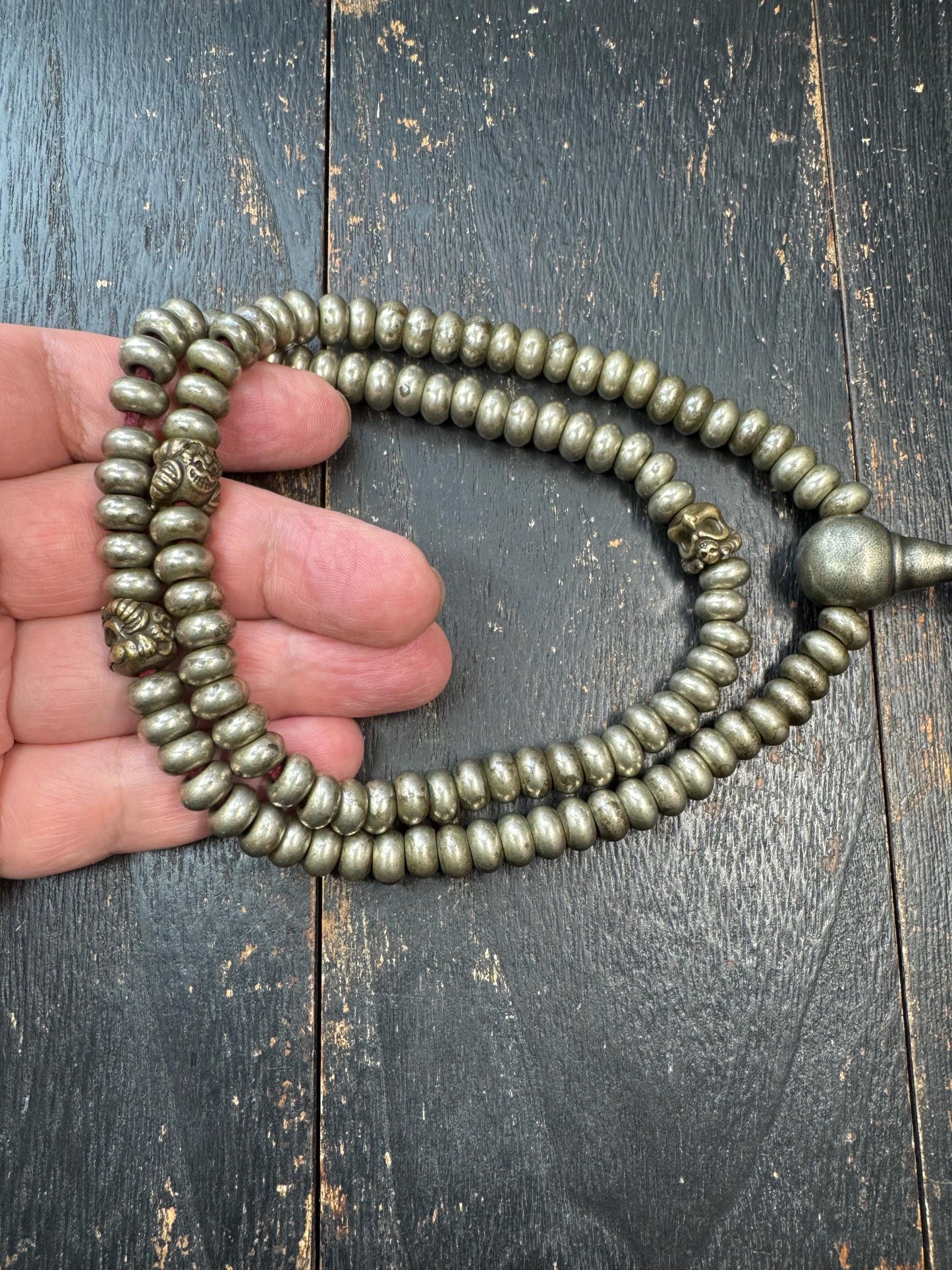 Vintage Tibetan Brass Mala 108 Beads – 22” Heavy Disc Prayer Necklace – Garuda Spacer Beads – Buddhist Meditation Mala – Antique Style Patin