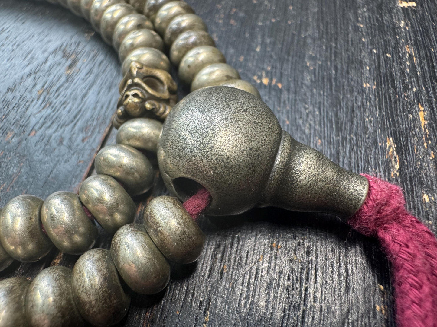 Vintage Tibetan Brass Mala 108 Beads – 22” Heavy Disc Prayer Necklace – Garuda Spacer Beads – Buddhist Meditation Mala – Antique Style Patin